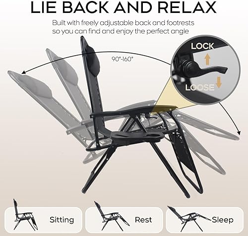 Miniatura 6 de Juego de 2 sillas reclinables ajustables de gravedad cero para exteriores, con bandeja portavasos, almohadas extraíbles, silla reclinable ergonómica