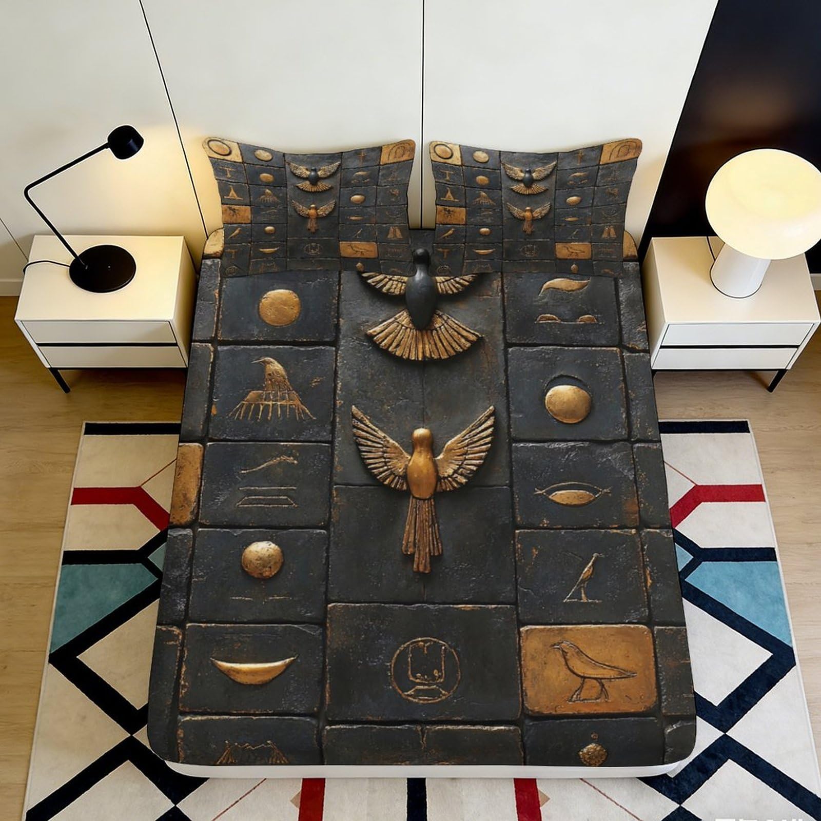 Pnayamiorkfel Style-8 3D Printed Ancient Egyptian Symbol Fitted Sheet Microfiber Black Gold Hieroglyph Mattress Cover Bedroom Decor 90X200x25cm