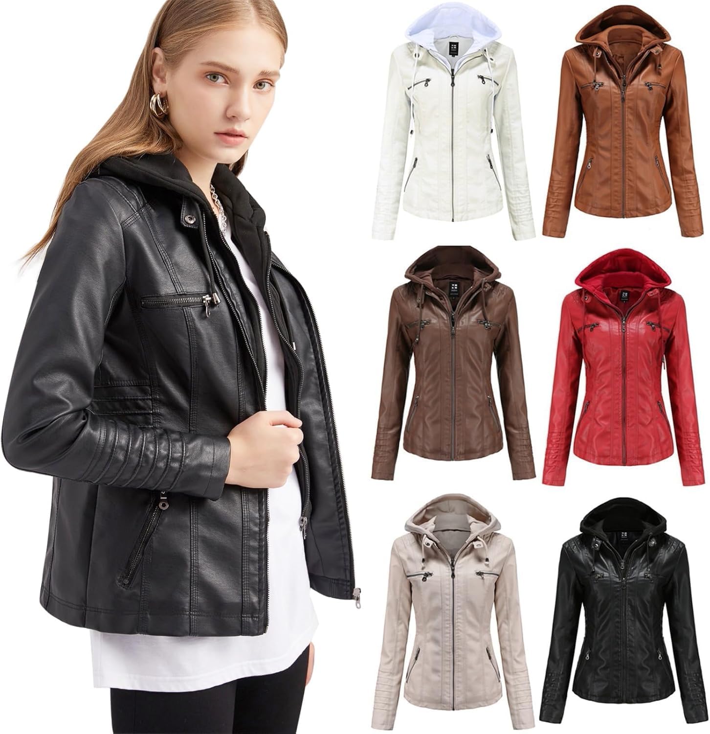Lederjacke Damen Kunstleder Jacke Damen Lederjacke Mit Kapuzen, Langarm Kapuzenjacke Motorrad Jacke Slim Fit Hoodie Mantel Reißverschluss Streetwear Frauen Übergangsjacke
