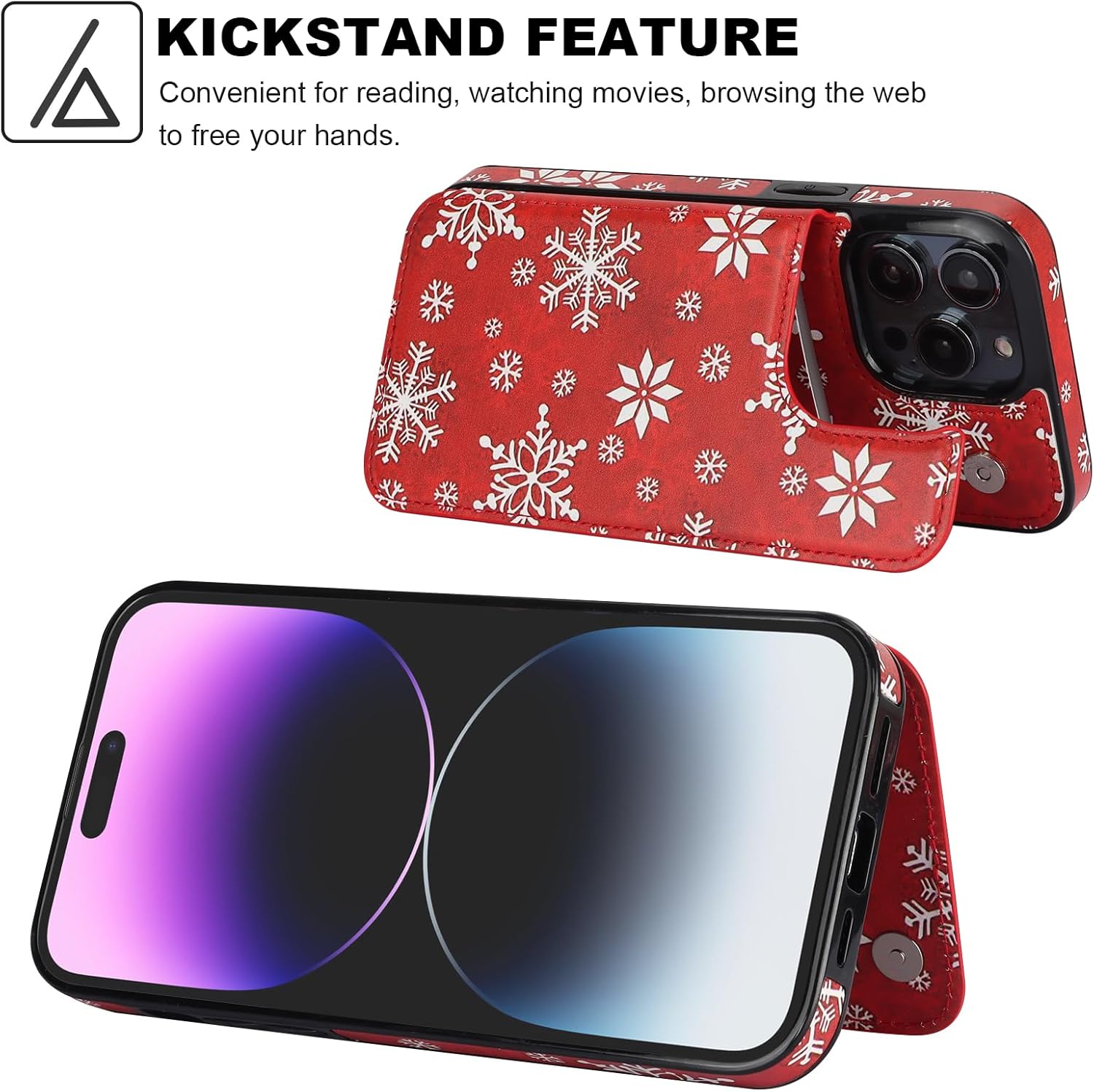 HAOPINSH for iPhone 14 Pro Max Wallet Case with Card Holder, Christmas Santa Snow Flake Back Flip Case PU Leather Kickstand Card Slots Case for Women Girls, Double Magnetic Clasp Cover 6.7" - Image 5