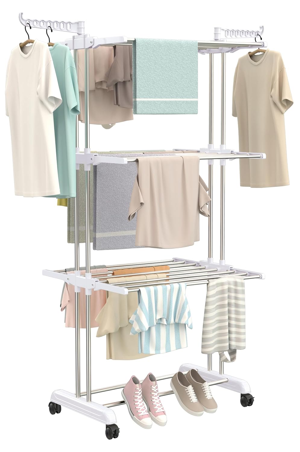 Synergy - Premium Heavy Duty Stainless Steel Clothes Drying Stand | Cloth Dryer Stand | Cloth Stand for Drying Clothes Foldable | Cloth Hanging Stand | Cloth Drying Stand (3 Tier) White - SY-CS21