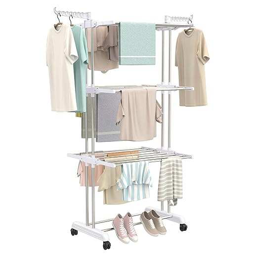 Synergy - Premium Heavy Duty Stainless Steel Foldable Cloth Drying Stand/Clothes Stand for Drying/Cloth Stand/Clothes Dryer/Laundry Racks (3 Tier) White - SY-CS21