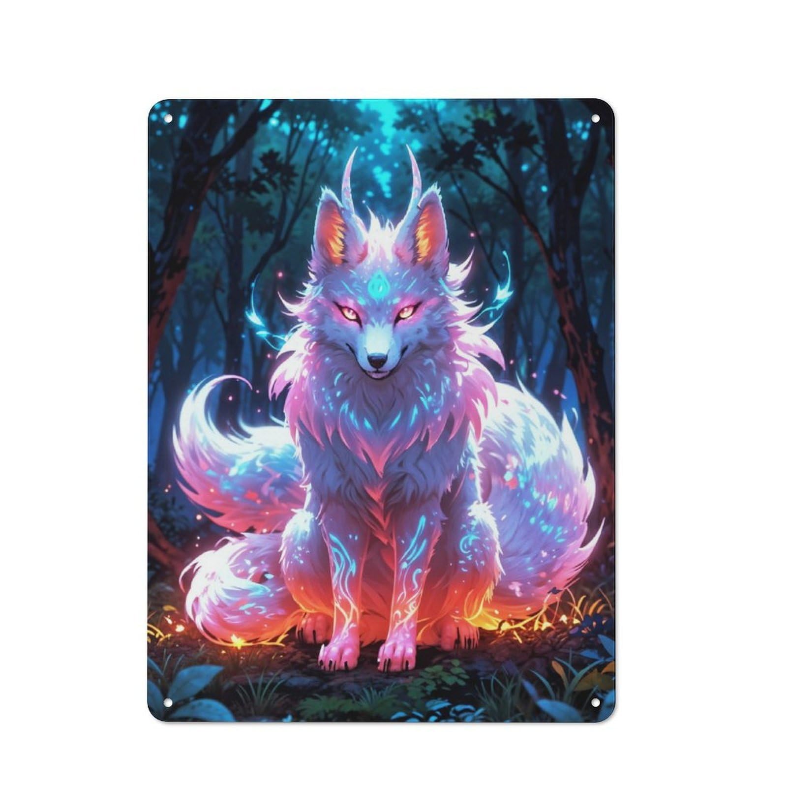 Junmoney Mystical Fox In Forest Rustic Metal Sign 40X30cm Featuring For Hallway Wall, For Collectors Decorating Hallways And Entrance Areas