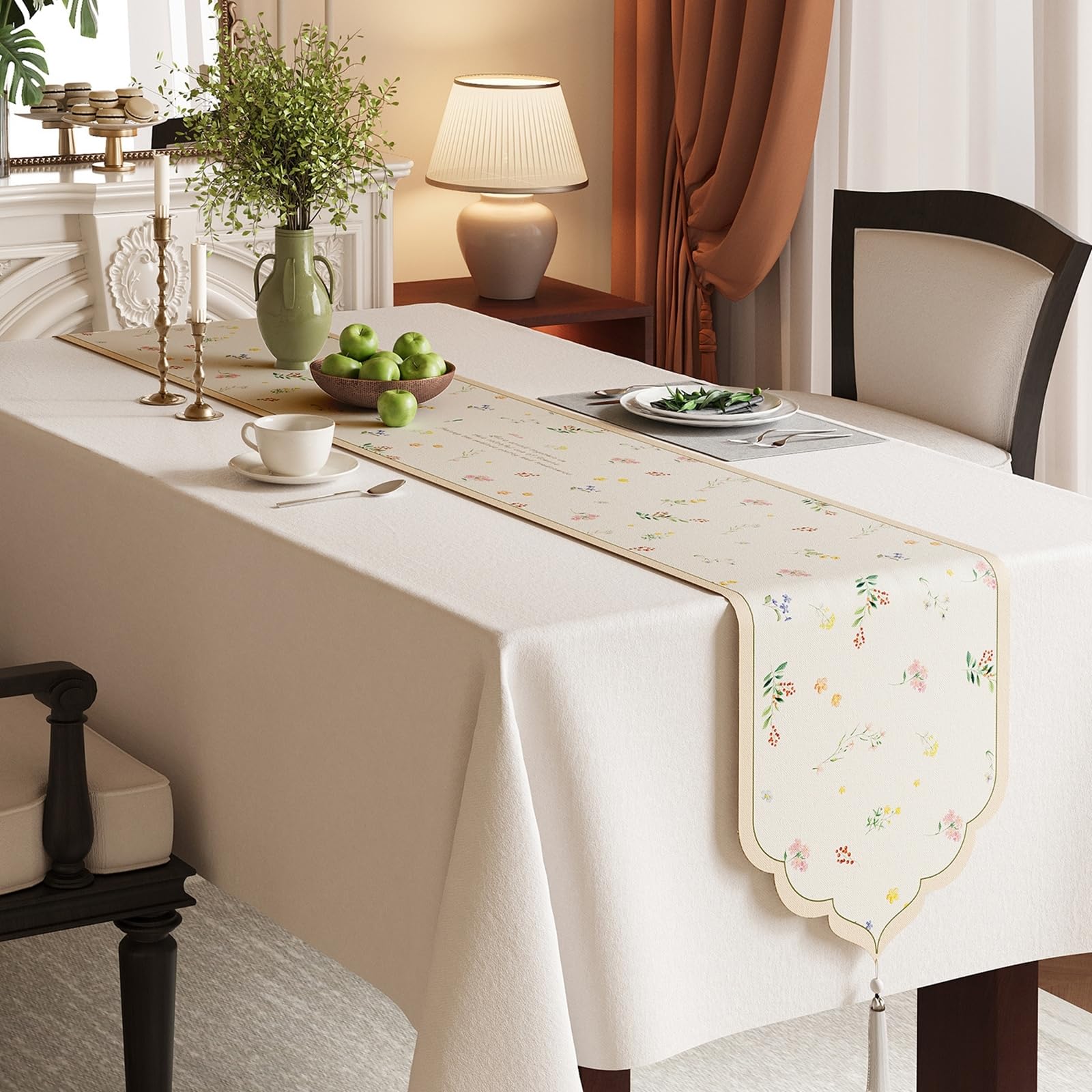Chemin de Table pour Cuisine 35x240 cm, Chemin de Table Mariage Rustique Lavable Effet Lin À Motif Floral