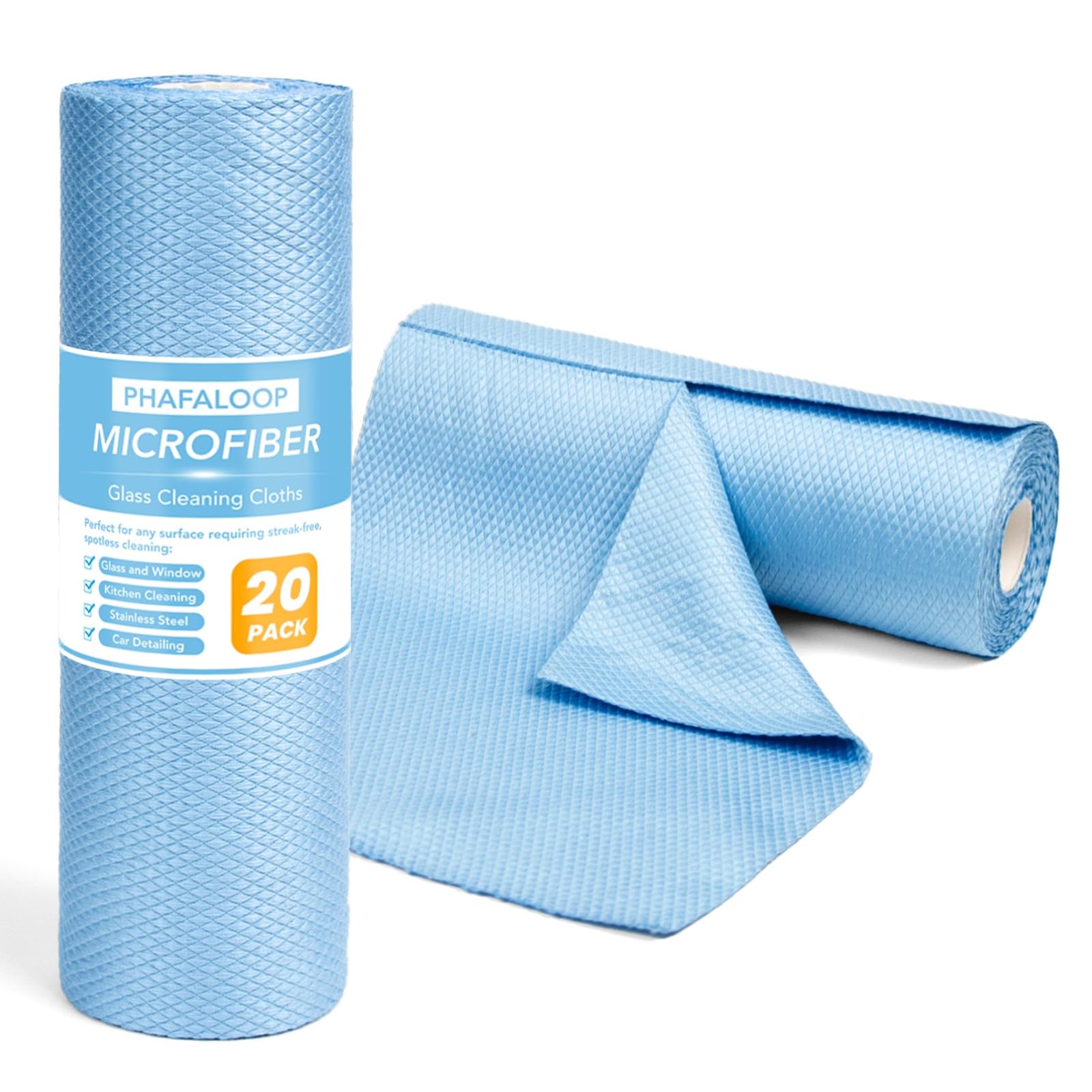 Phafaloop 20 Sheets Microfiber Glass Cleaning Cloth Roll, Fish Scale Streak Free Magic Lint Free Cloth, Window Cleaning Cloths, Shiny Wipes, Cleaning Rags for Glasses, Stainless Steel, Car Mirror