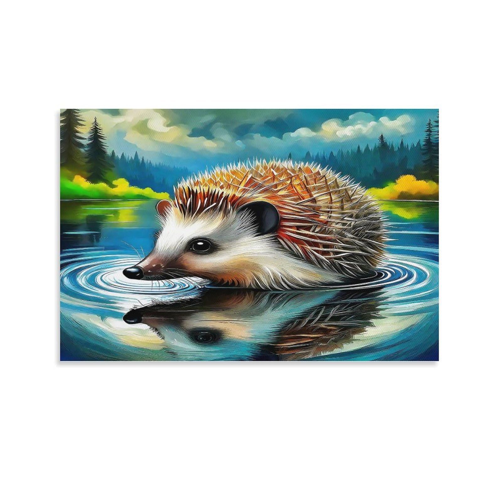 CPLVKWRQJ Cute Hedgehog Holding Single Piece Hedgehog Lake Forest Reflection Framed Wall Art - Office Canvas Print Fade Resistant Wall Focal Art Decor 16x24inch(40x60cm)