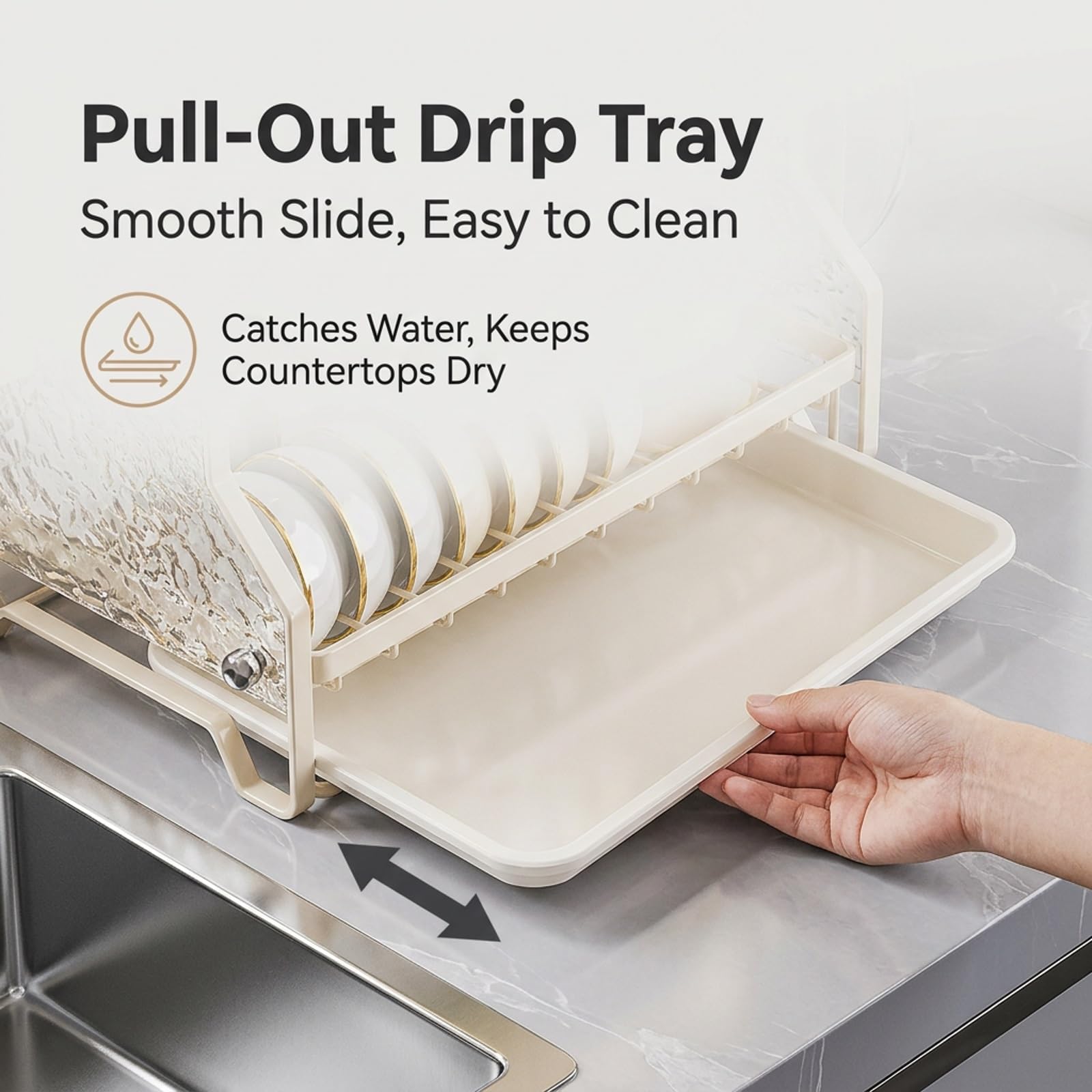 Escurridor de platos de dos niveles, organizador de cocina moderno | Estructura metálica, diseño estilo crema, gran capacidad, drenaje eficiente(White 1,42cm/16.5in)