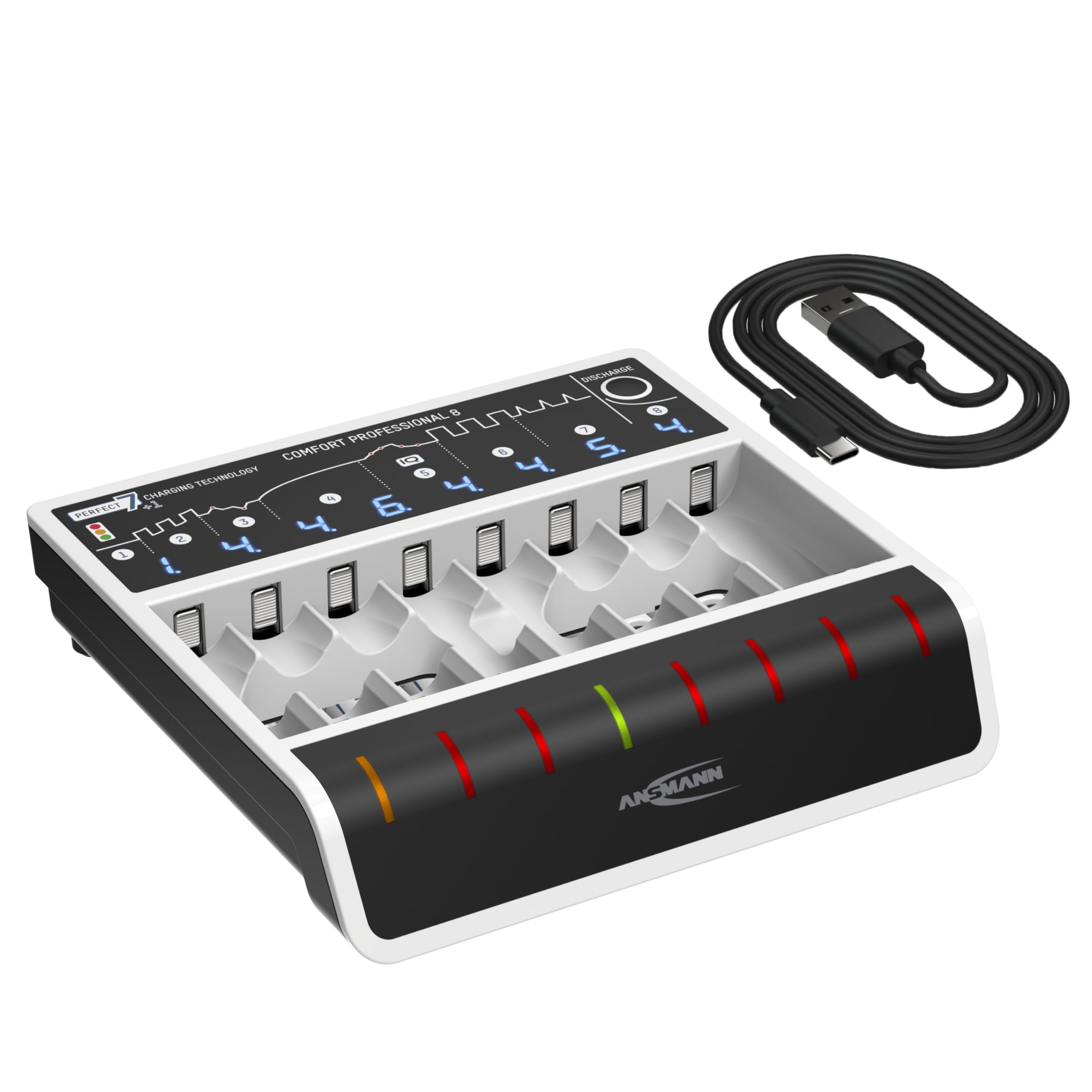 ANSMANN Schnell-Ladegerät mit USB-Eingang für 1 bis 8 NiMH Akkus der Größen Micro AAA und Mignon AA, Comfort Professional 8