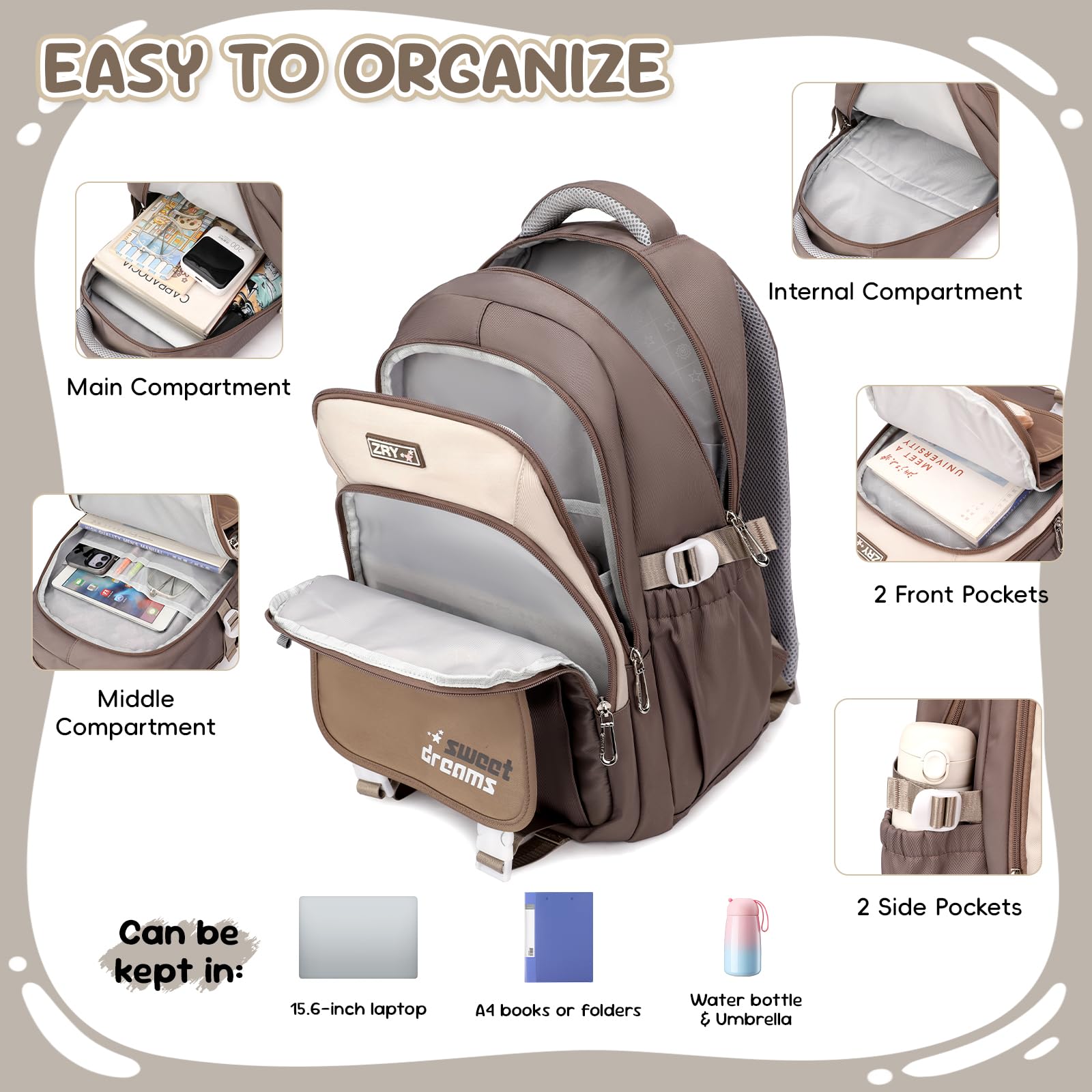 Amythe Schulrucksack Mädchen 36L Schultasche Set mit Umhängetasche, Schulranzen für 3. bis 7. Klasse, Braun