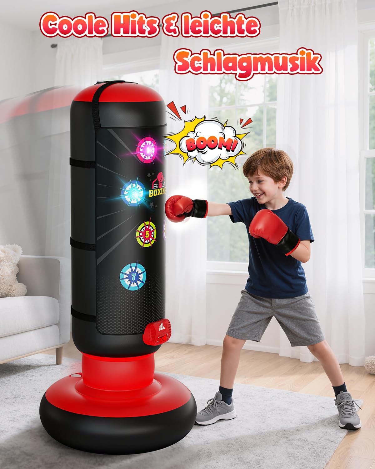 Saco de boxeo para niños, saco de boxeo de pie con música y luz, saco de boxeo interactivo, saco de boxeo hinchable con guante de boxeo, regalos para 6, 7, 8, 9, 10, 11, 12 años, niños, 2026