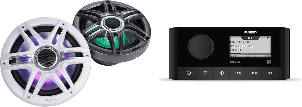 Fusion MS-RA60 Source Unit w/Clarion CMSP-771RGB-SWG Premium 7.7-inch Coaxial Marine Speakers with Built-in RGB Illumination Includes White & Gray Sport Grilles