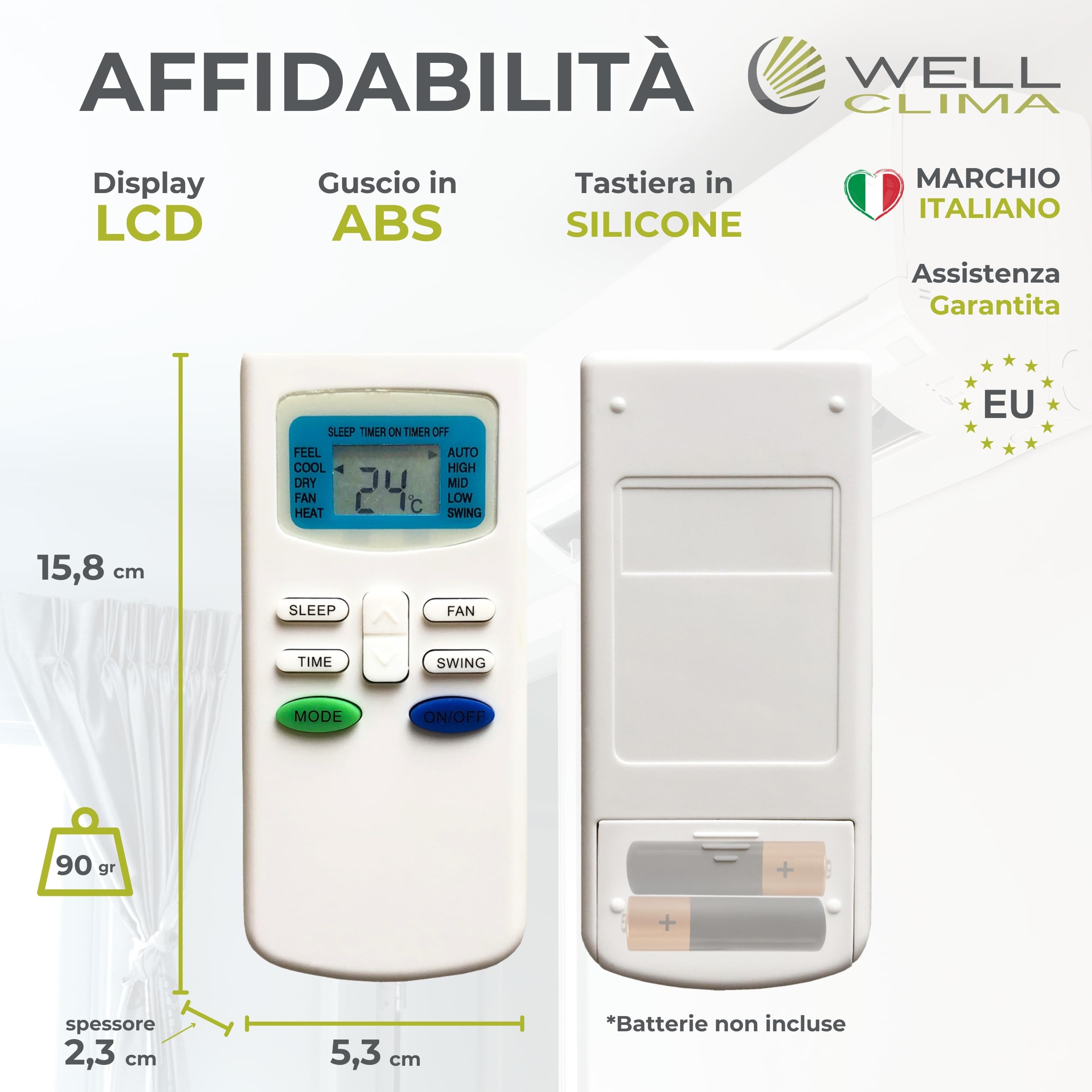 Wellclima Telecomando GYKQ-03 per Condizionatori, Sostituisce lo Stesso Modello per De Longhi per Hokkaido per Tudor per Zephir per Airton per Kendo per Mizushi per Tectro per Bent per Sekom ed Altri