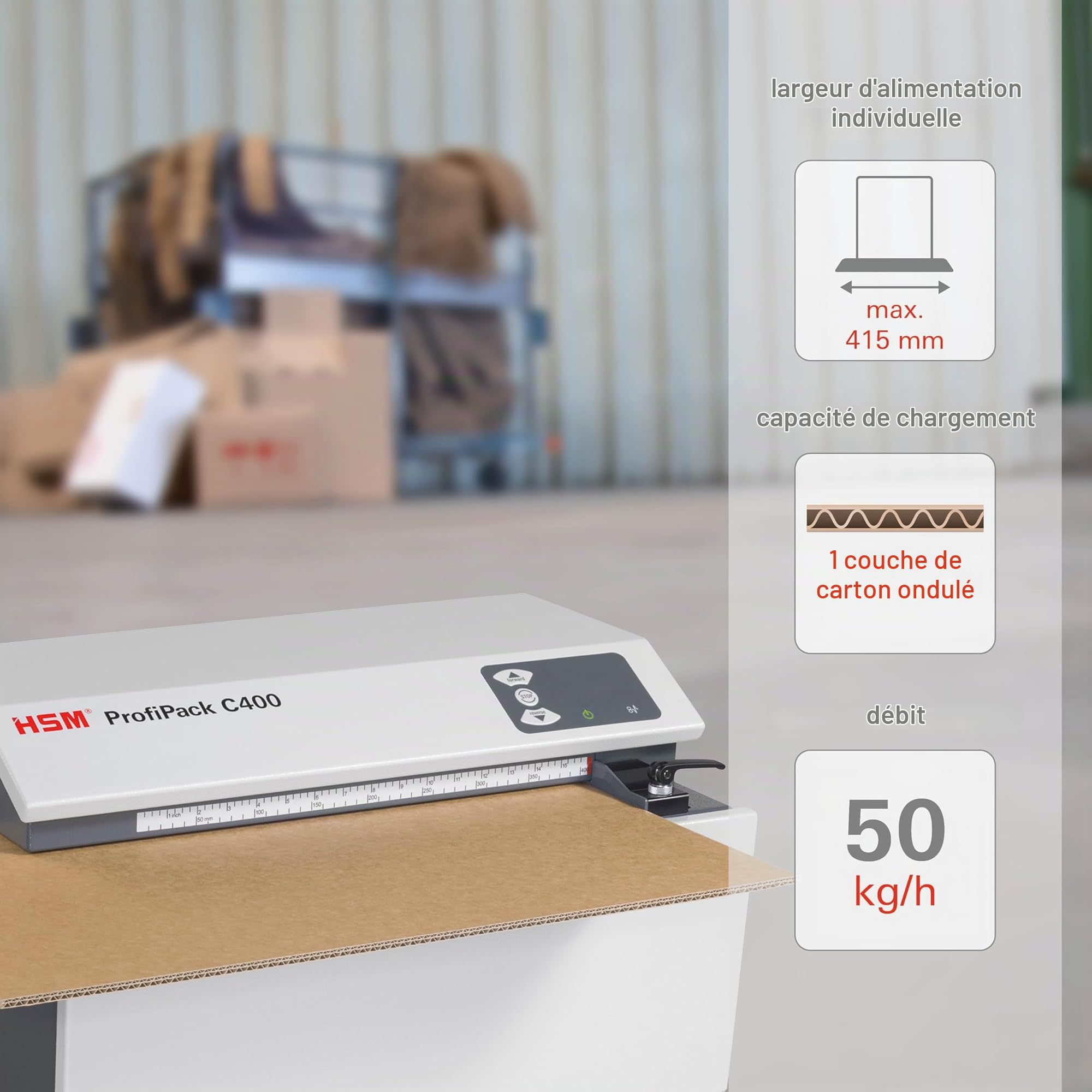 HSM ProfiPack C400 : déchiqueteuse de cartons pour Remplissage et Rembourrage avec matériel recyclé. Solution d'emballage Durable idéale pour l’entrepôt