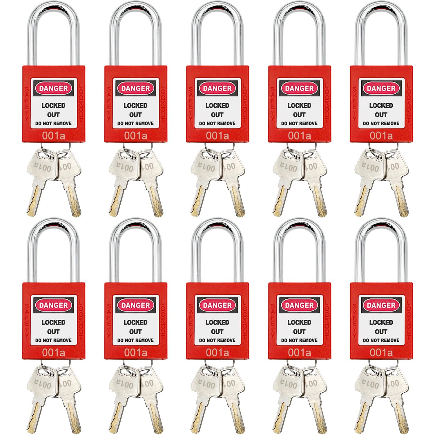 Candados de seguridad OSHA Loto para etiquetado, 10 unidades, para estaciones y dispositivos, color rojo (10 unidades del mismo número)