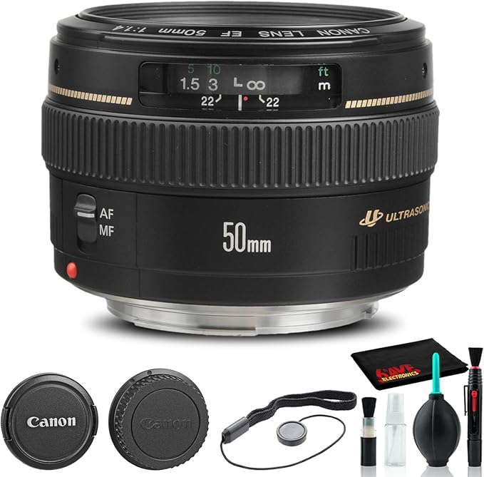 Canon EF 50mm f/1.4 USM Lens (2515A003) + Filter Kit + Lens Pouch + Cap Keeper + Cleaning Kit + More (Renewed)