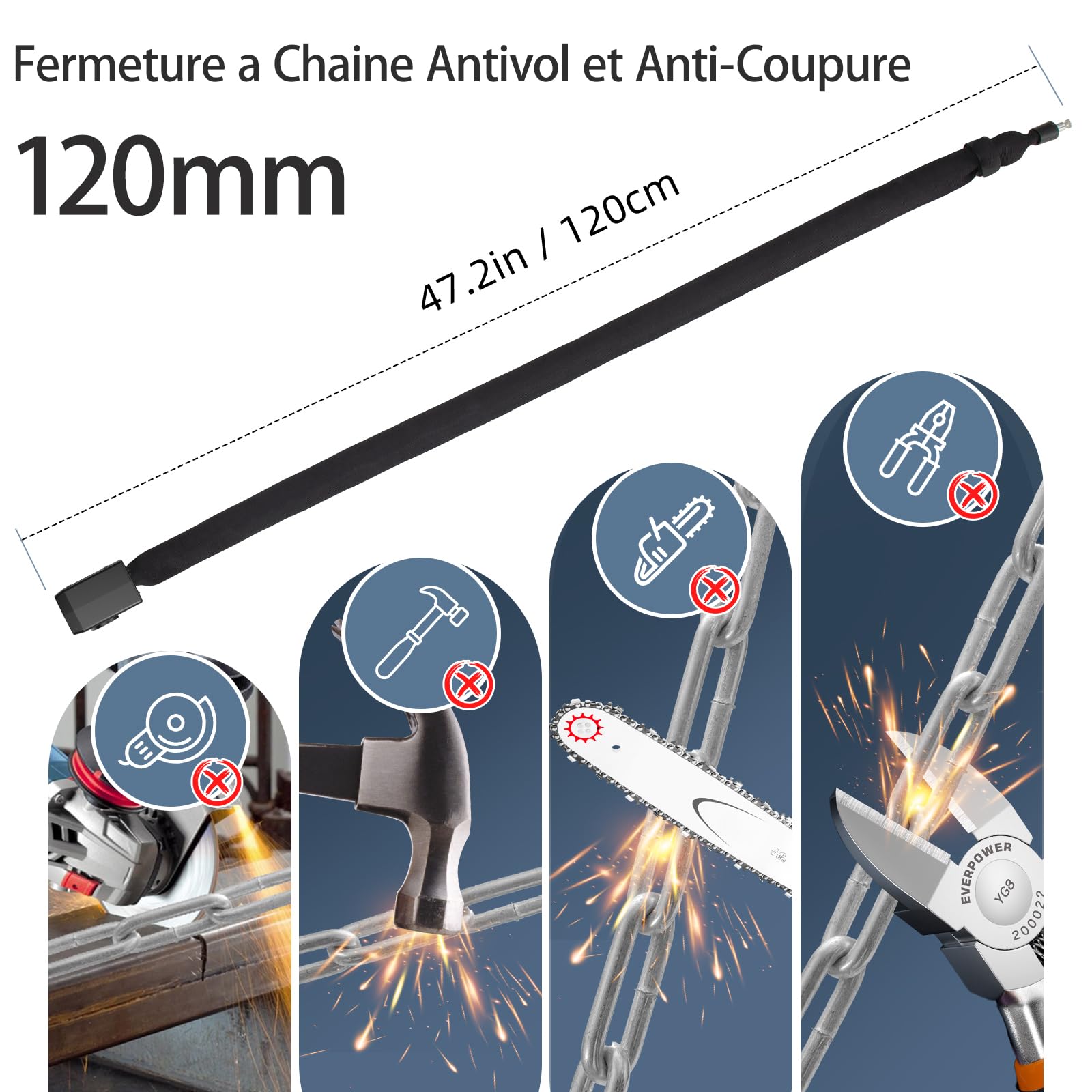 Antivol pour trottinette électrique, avec alarme 110 dB, antivol pour vélo électrique, rechargeable via USB-C, étanche IP55, chaîne de 1200mm / 8mm, avec télécommande et clé (noir)
