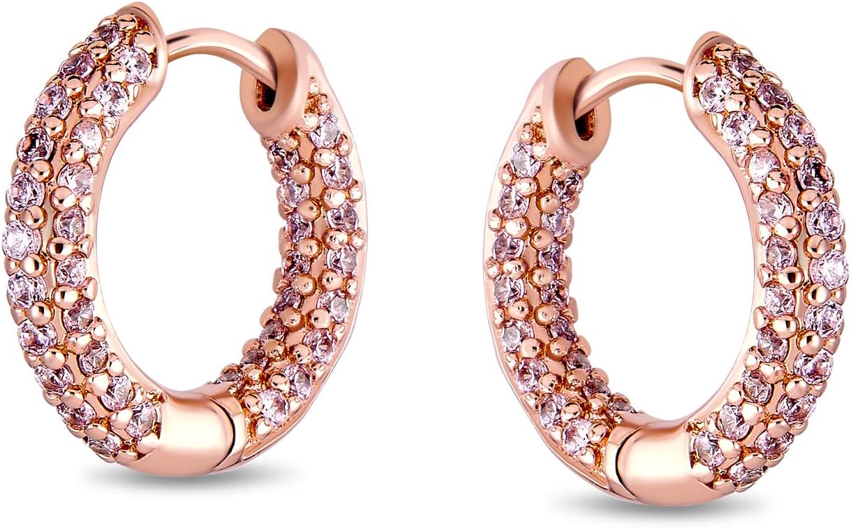 Formal Party Simulated Morganite Pink or Brown Pave CZ Inside Out Small Tube Huggie Hoop Earrings For Women Cubic Zirconia Chocolate Rose Gold Black Plated .75 Inch Diameter