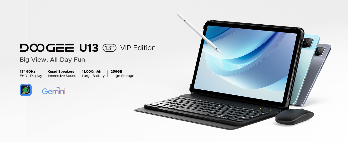 Tablette Android DOOGEE U13 13" - Écran FHD+ 90Hz, 6+256 Go (extensible), Unisoc T7280, 11000 MAh, Clavier Inclus - Android 16 - 7