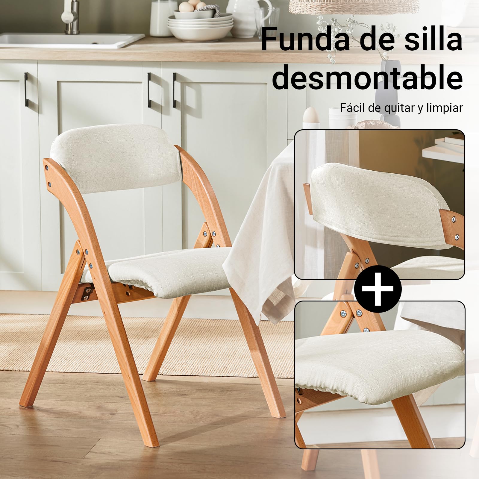 SoBuy Silla de Comedor de Madera con Asiento Acolchado, 47,5 × 59 × 77 cm | Silla plegable de comedor con funda de asiento extraíble, silla plegable de madera para salón, comedor y despacho, FST92-W