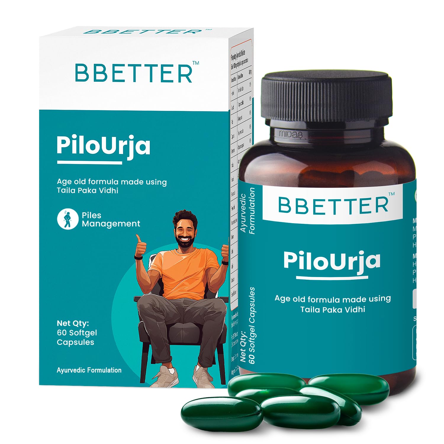 Sponsored Ad - BBETTER PiloUrja - Lab Tested Ayurvedic Medicine for Relief from Piles Pain, Burning & Itching | Made by Taila Paka Vidhi Method | 60 Softgels