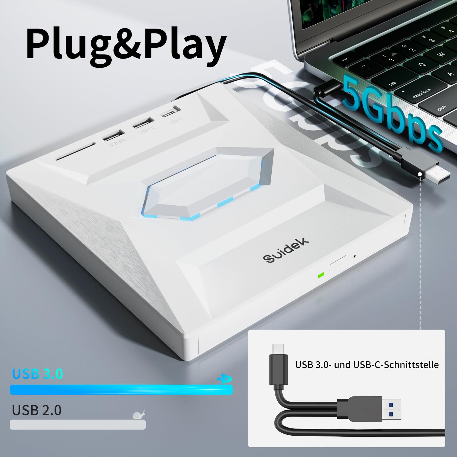 SUIDEK Externes CD DVD Laufwerk für Laptop, Ultra Slim Portable USB C CD/DVD +/-RW Brenner DVD Player für Laptop mit SD Kartenleser USB 3.0 Typ C Hub für Desktop PC Windows Linux