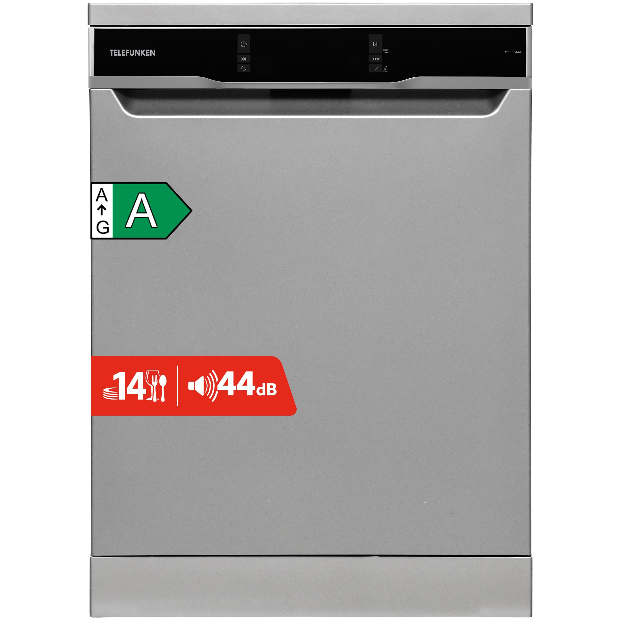Telefunken Geschirrspüler 60 cm | Spülmaschine freistehend | 14 Maßgedecke | 9 Programme | AquaStop | EEK A | 44 dB | Startzeitvorwahl | Auto-Door | Unterbaufähig | Besteckkorb | Silber | GFS6014AI
