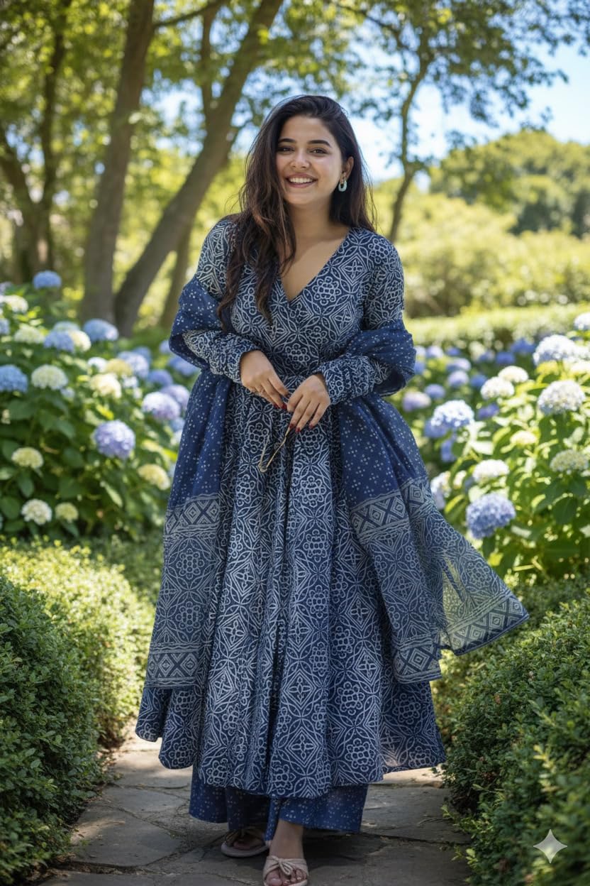 Women's Anarkali Kurta Set with Dupatta Printed Regular Floral Pattern Set Pack Of 3 (IN, Alpha, 3XL, Regular, Blue)-picture-55