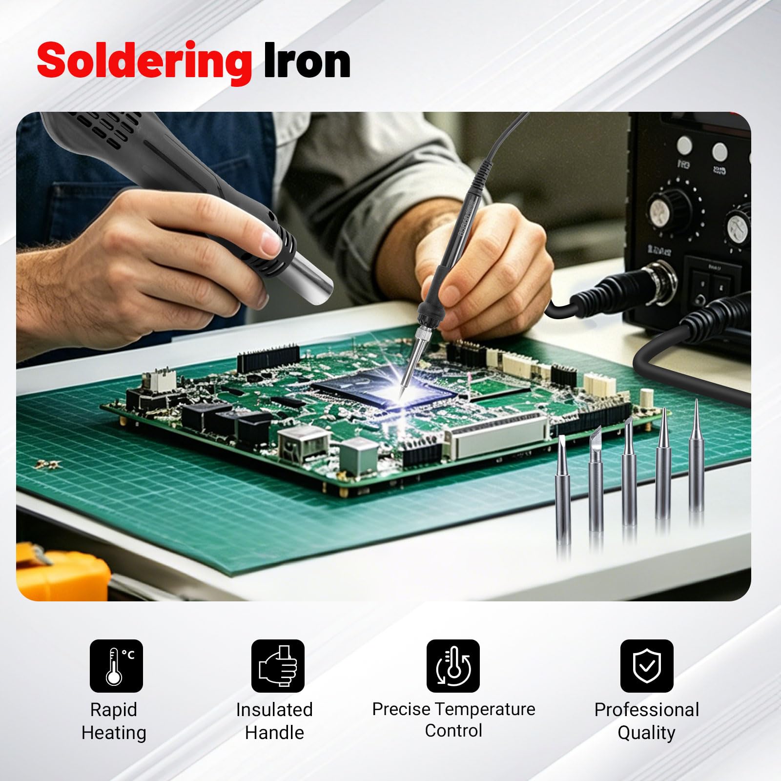 RUIZHI Stazione di Saldatura 2 in 1 Kit Saldatore 100–500°C | Pistola ad Aria Calda 700W con Doppio Display LED, Set di Saldatura per Scuole, Laboratori e Riparazioni