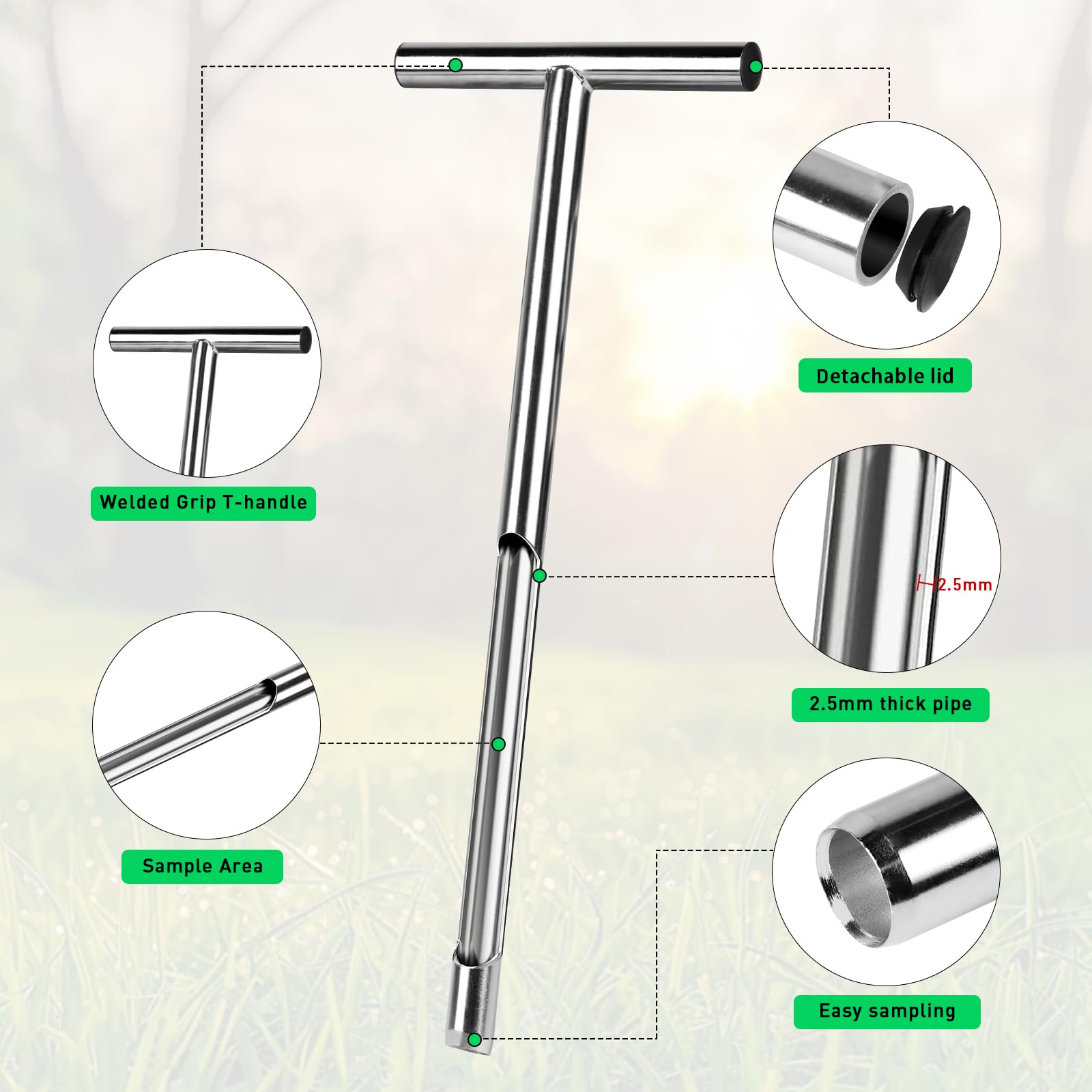 Muestreador suelo 51 cm acero 304 - Sonda en T 2.5 mm con 2 bolsas para análisis de suelos agrícolas, forestales, jardinería