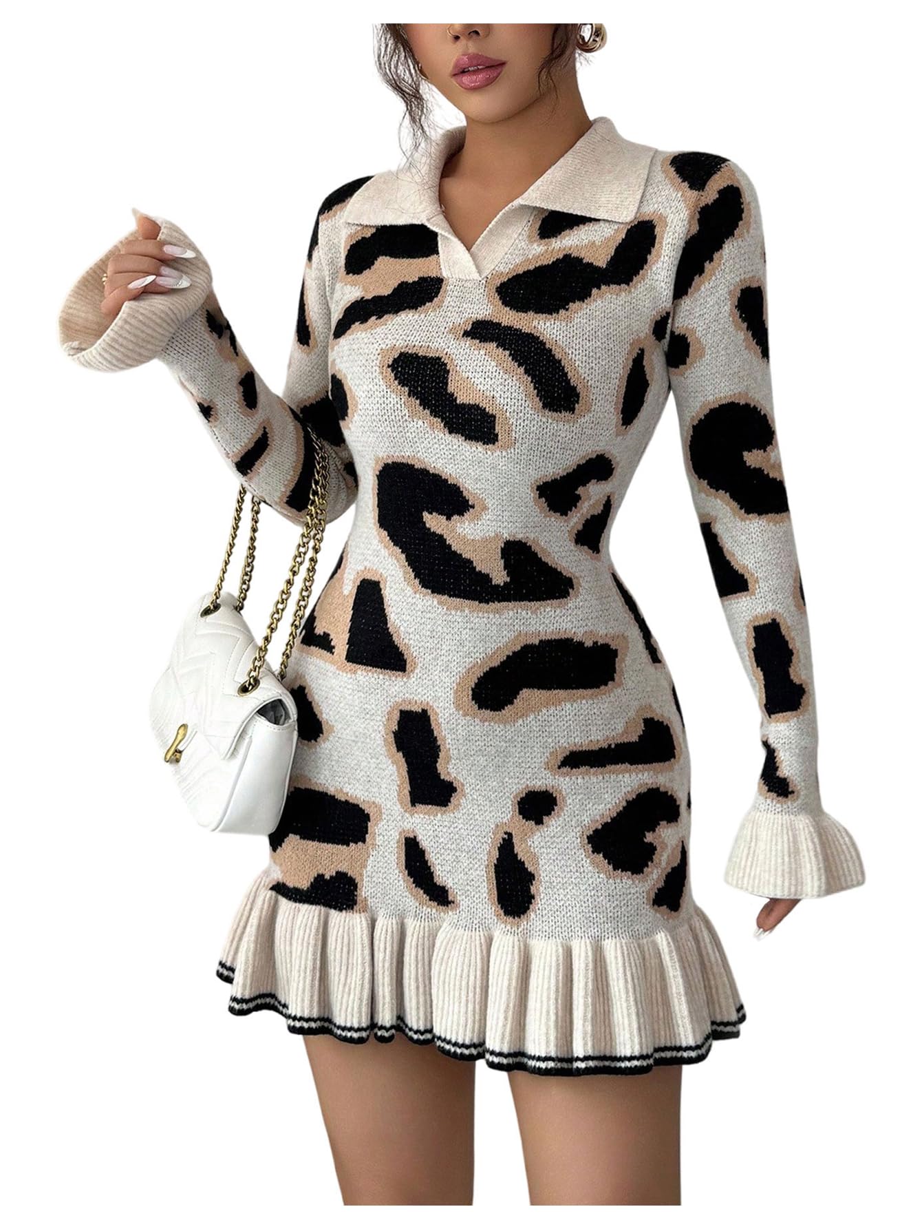 RoseSeek Women's Leopard Print Sweater Dress Cheetah Ruffle Hem Mini Dress