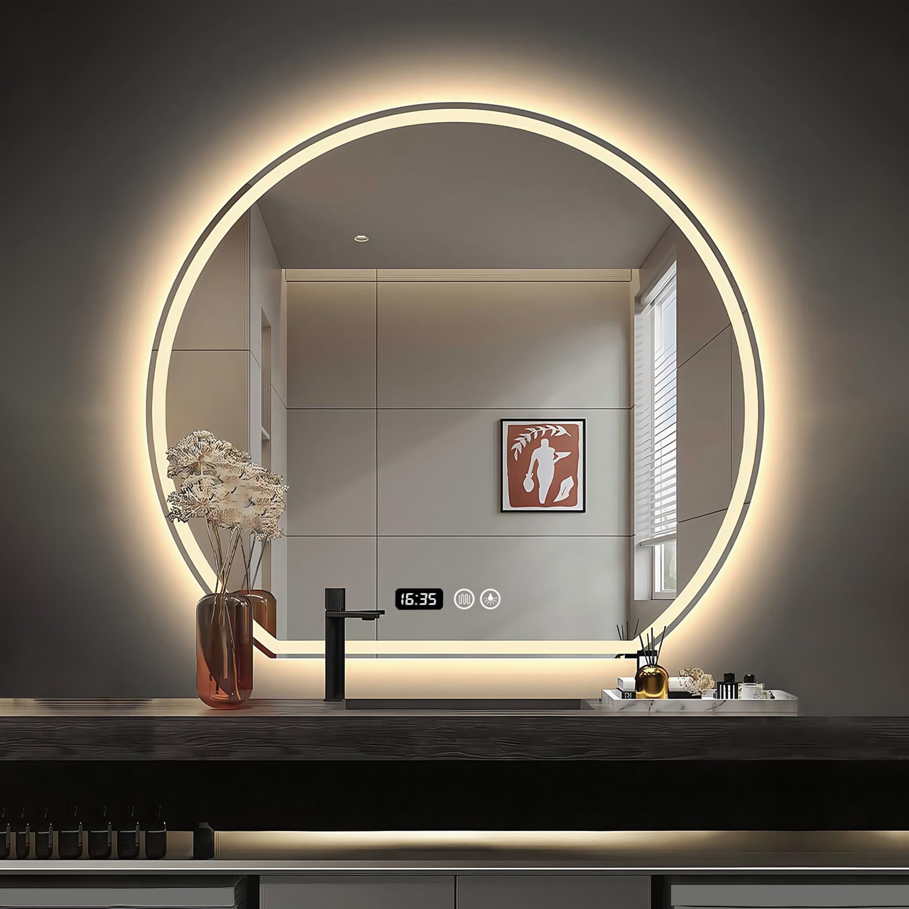 SXFSDOU Bathroom Mirror with LED Lights, Illuminated Anti-Fog Backlit + Front Lit, 3 Colors, IP44, Digital Time Display