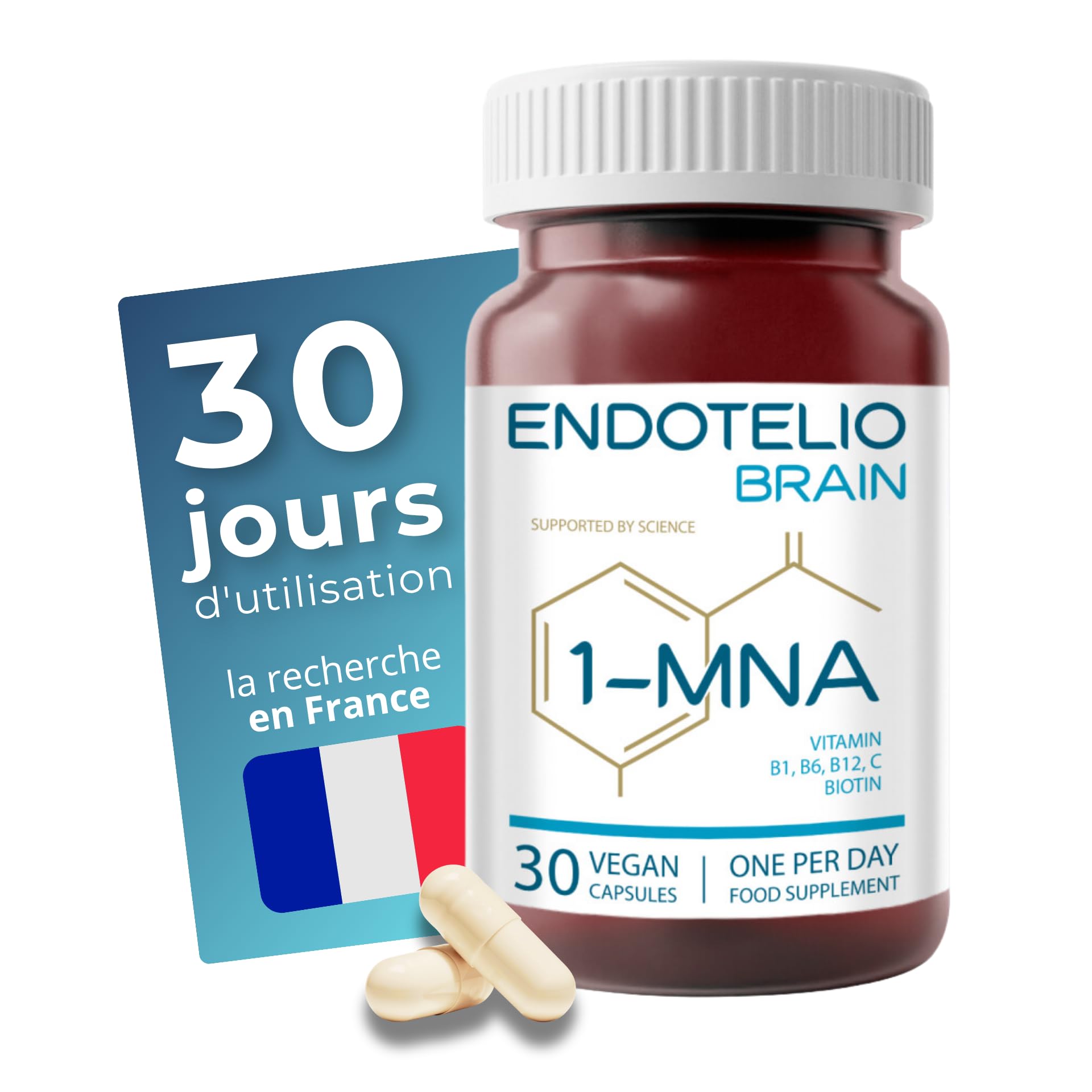 1-MNA Brain, Supplément Anti-âge, Optimise le NAD+, avec Ginkgo Biloba, Zinc, Biotine, Vitamines C, B1, B5, B6, B12, L'humeur, Mémoire, Concentration, 30 Capsules