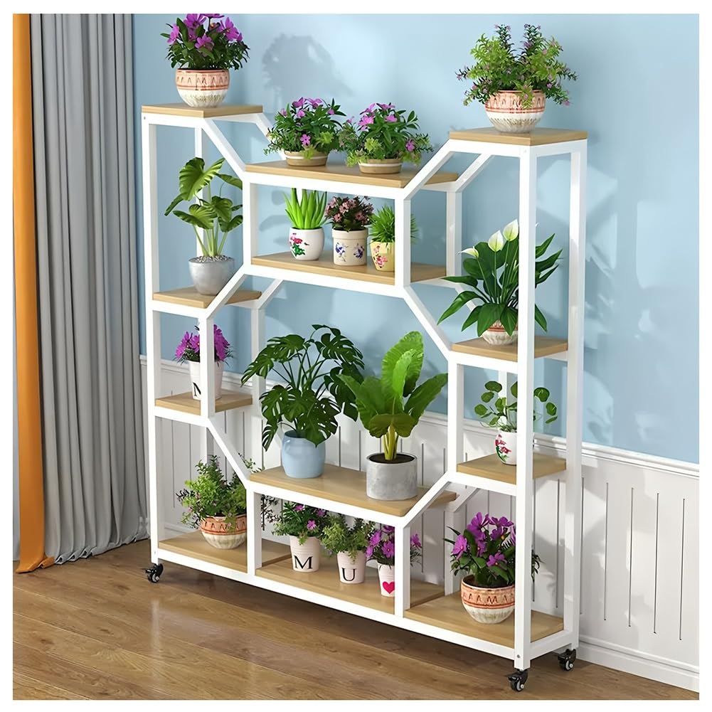 Soporte alto de metal para plantas con ruedas, estante rodante de 4 niveles, estante de exhibición de plantas para interiores y exteriores para balcón y sala de estar