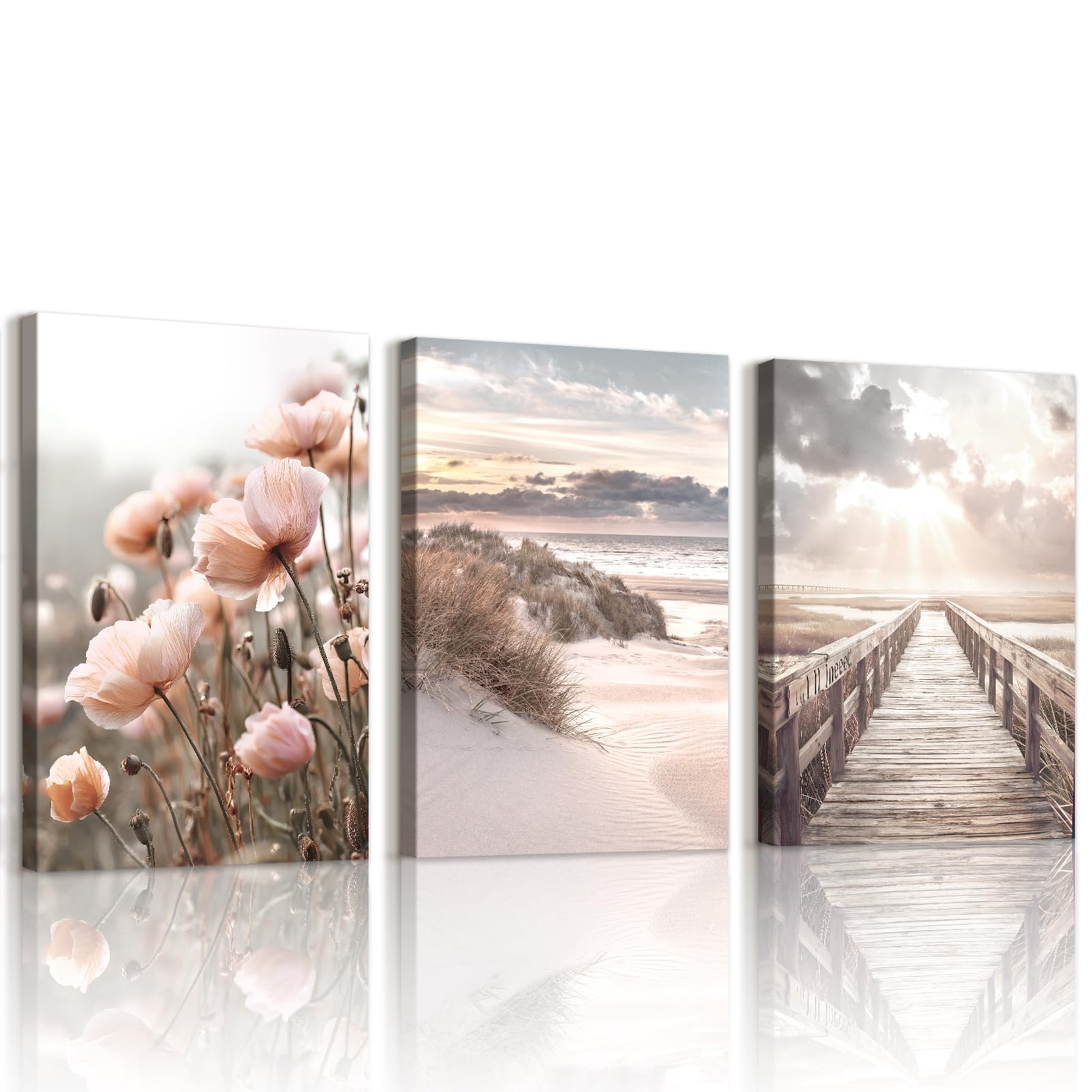 WENGTIAO Set of 3 Nature Landscape Canvas Wall Art Framed Pictures, Coastal Beach Wooden Walkway Pink Flowers Painting on Canvas, Modern Wall Decoration for Living Room Bedroom Home Decor 30x40cmx3