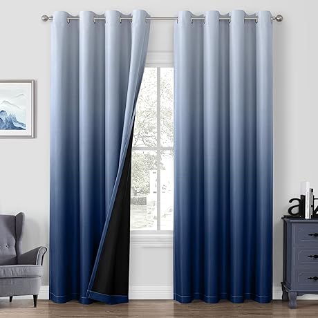 HOMEIDEAS 100% Navy Blue Ombre Blackout Curtains 52 x 96 Inches Long
