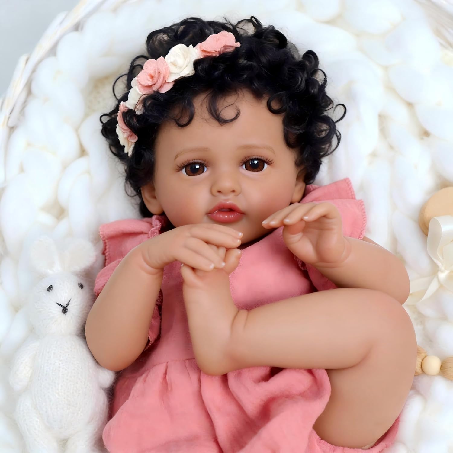 SCOM 18 Inch Reborn Baby Doll Black Girl - Realistic African American Girl, Real Lifelike Dolls with Soft Weighted Body, Poseable Real Baby Reborn Gift Toy for 3+ Years Old Kids