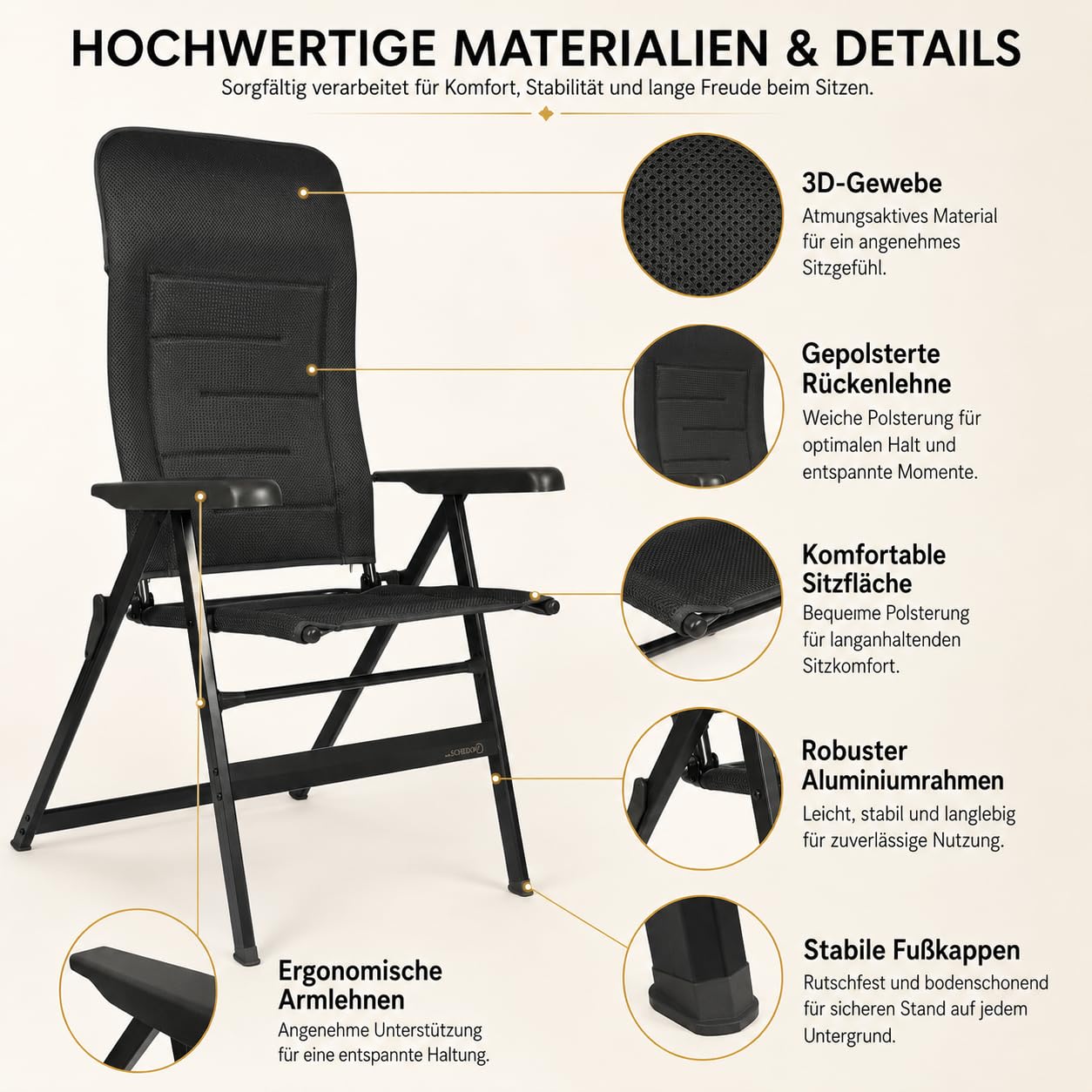 Aurum Campingstuhl Hochlehner – 7-Fach Verstellbarer Aluminium-Klappstuhl mit atmungsaktiv gepolstertem 3D-Bezug, 50 cm Sitzbreite, bis 120 kg – für Camping, Caravan und Garten