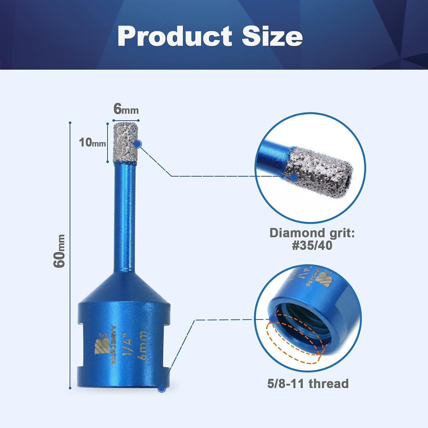 1/4 Inch Diamond Core Drill Bit for Porcelain Tile Ceramic Marble Granite Drilling,BRSCHNITT 5pcs Vacuum Brazed Diamond Hole Saw with 5/8-11 Thread (6mm 5pcs)