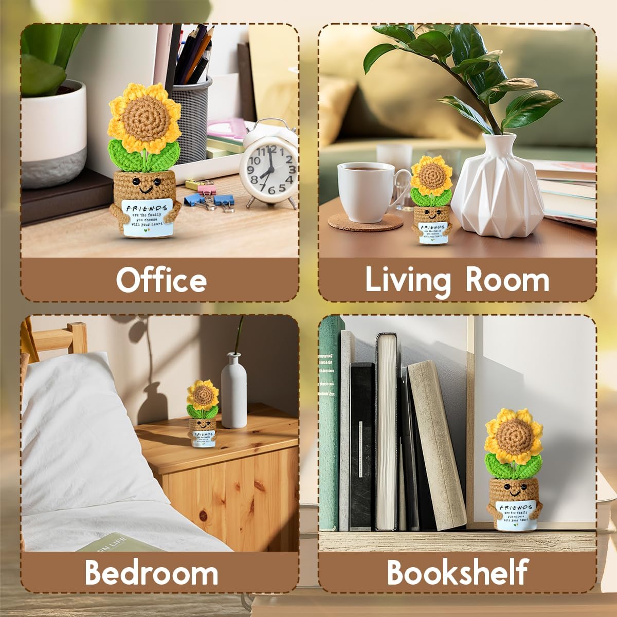 Mini Sunflower Crochet Gift with Card for Women Best Friend, Soul Sister, Long Distance Pal, Friends Are the Family You Choose, Cute Decor for Birthday, Christmas for Bestie, BFF, Coworker