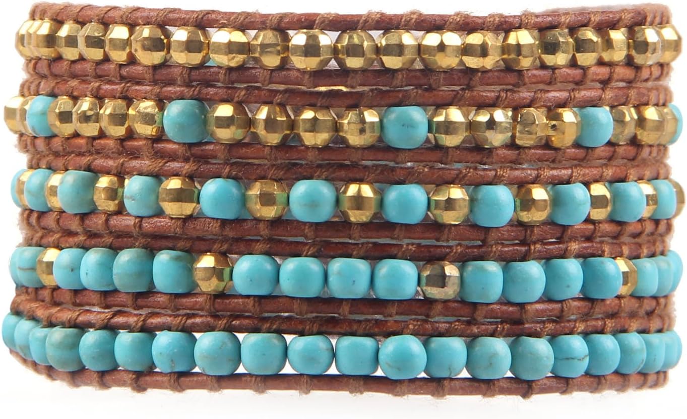 KELITCH Turquoise Bracelets Leather 5 Wrap Bracelet Handamde Gold Mix Beaded Strand Bracelets for Womens - Image 3