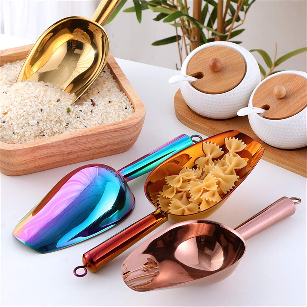 Juego de 3 pinzas y cuchara de hielo de acero inoxidable, pinzas para servir con dientes para cubos grandes, barra inferior redonda, congelador, cubo, juego de 3 (cobre oro rosa) 5