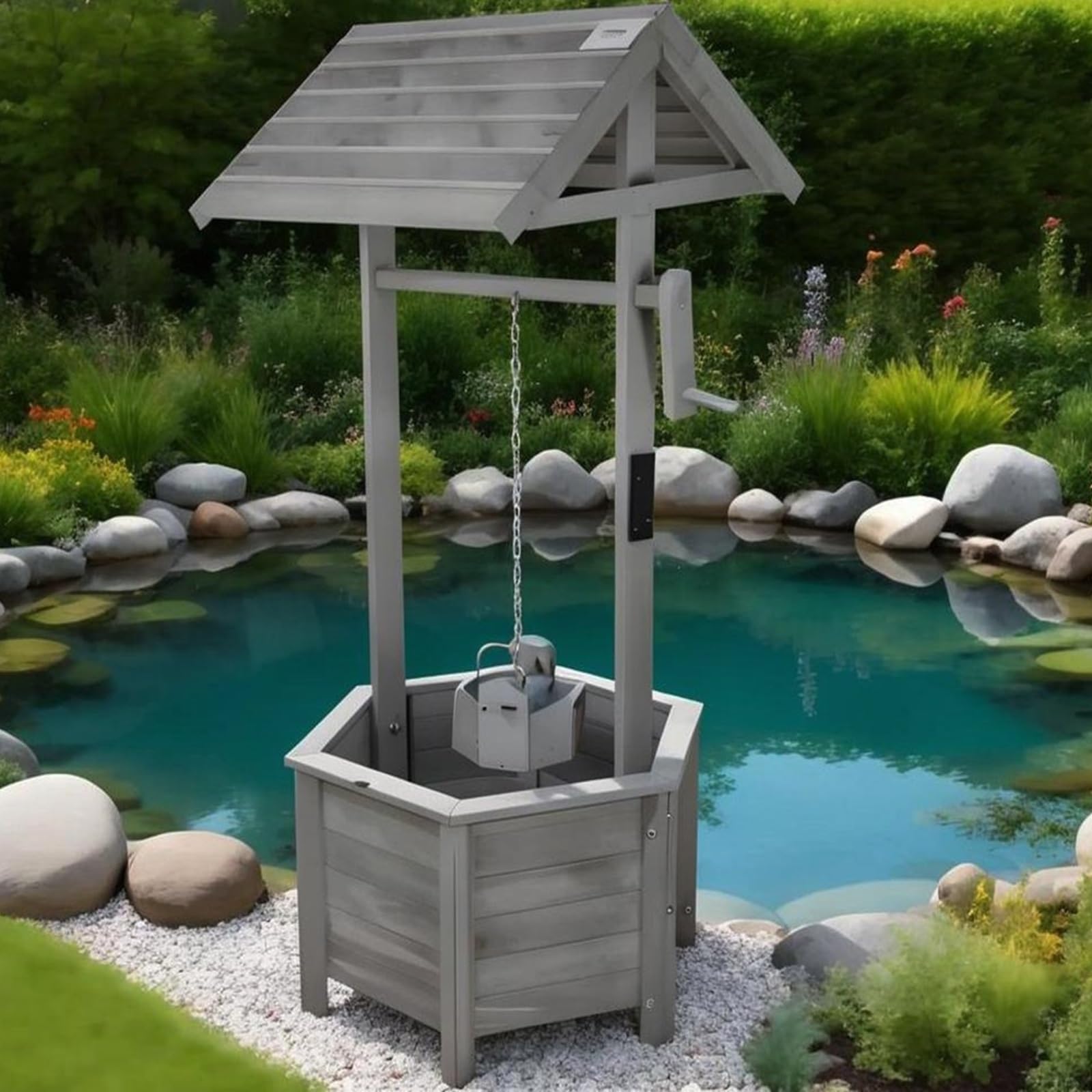 Gr8 Garden Wooden Wishing Well Planter - Grey