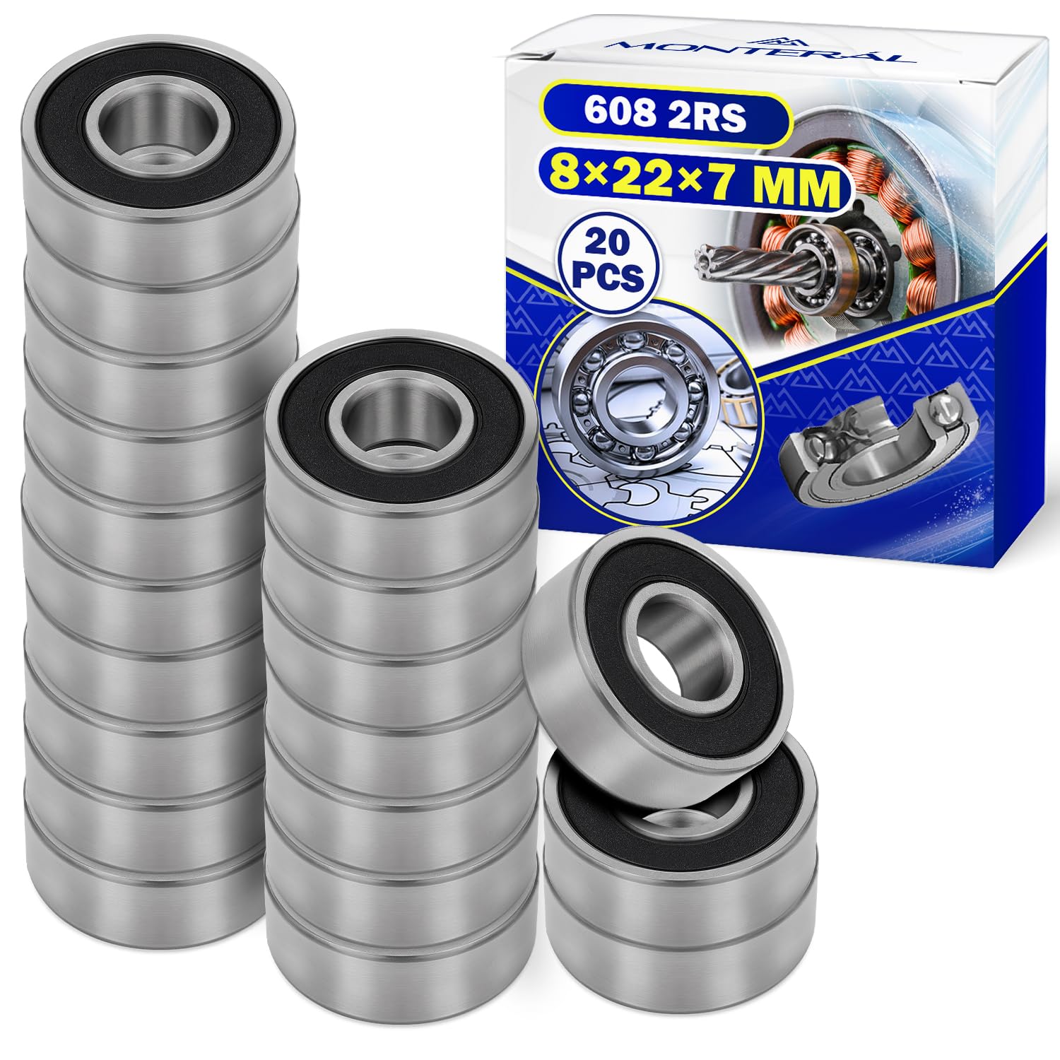 20 Pezzi Cuscinetti a Sfera 608 2RS per il Motore con Dimensione 8x22x7 mm - MONTERAL
