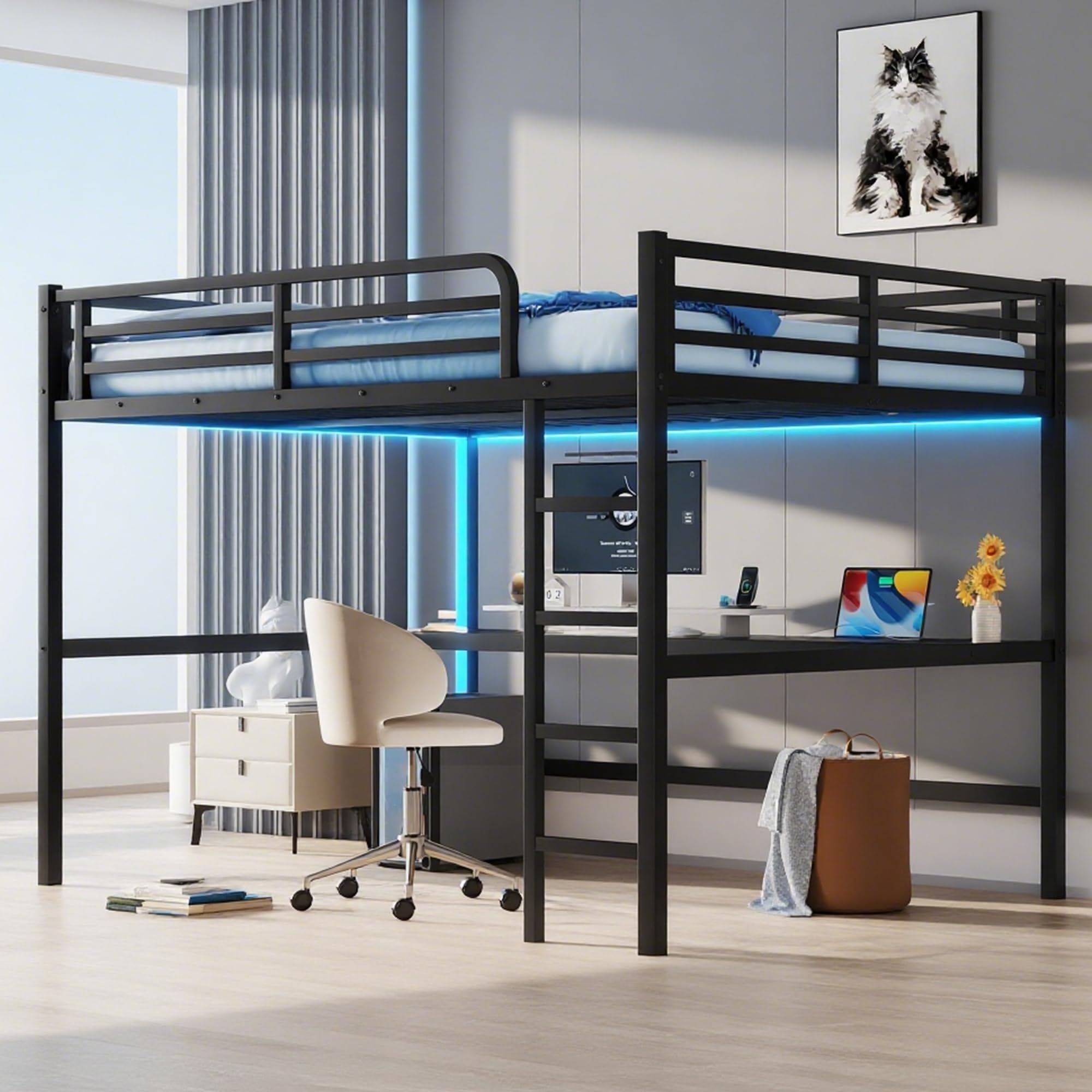 Photo 1 of ***PARTIAL SET - PRICE ADJUSTED*** Bellemave Metal Queen Size Loft Bed with Desk and Charging Station,Heavy Duty Loft Bed Frame Queen Size with LED Lights and USB for Kids,Teens,Adults,Black Desk