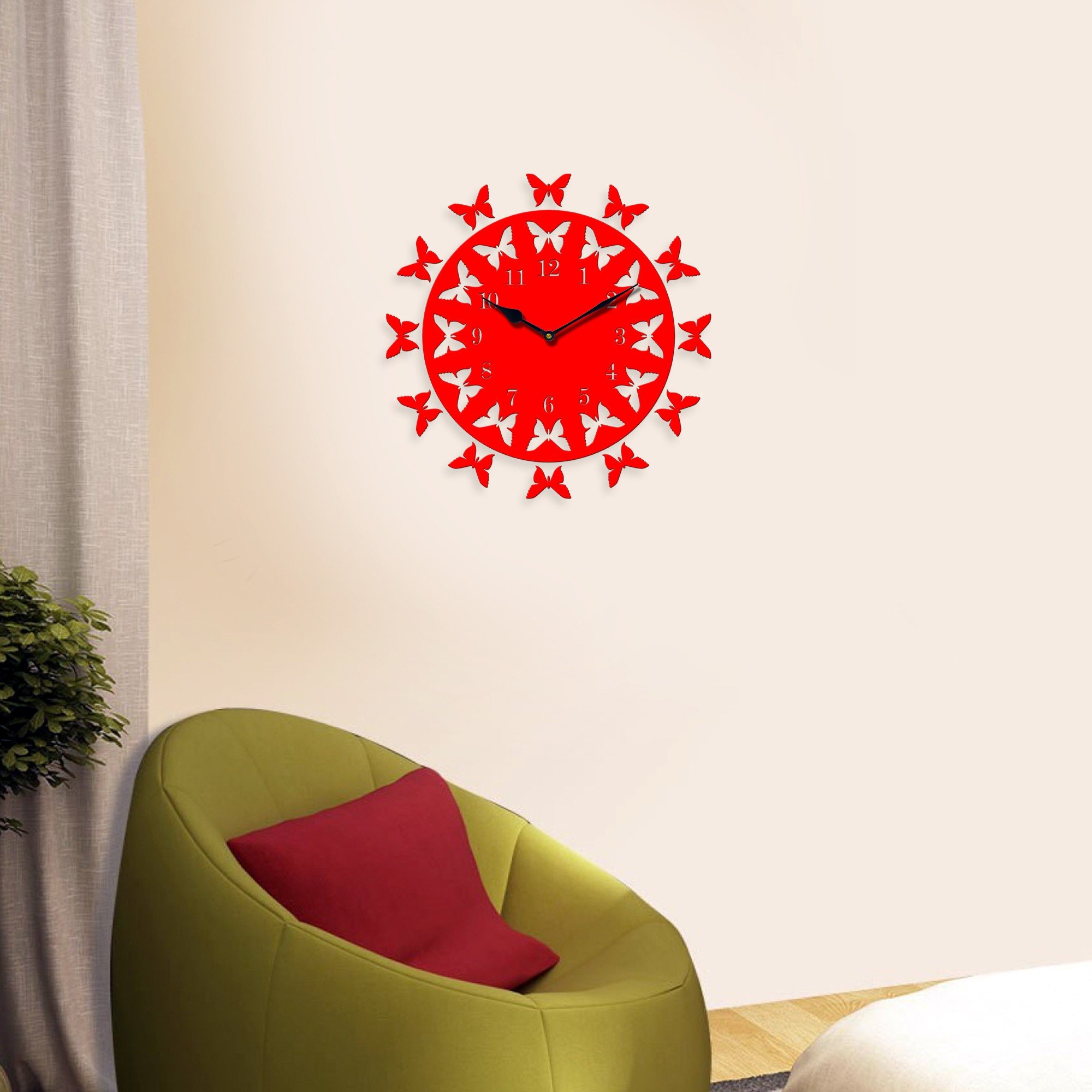 Sehaz Artworks 12-Butterflies Manufactured Wood 10 inch Designer Wall Clock for Home and Kitchen - Red - Image 3 thumbnail