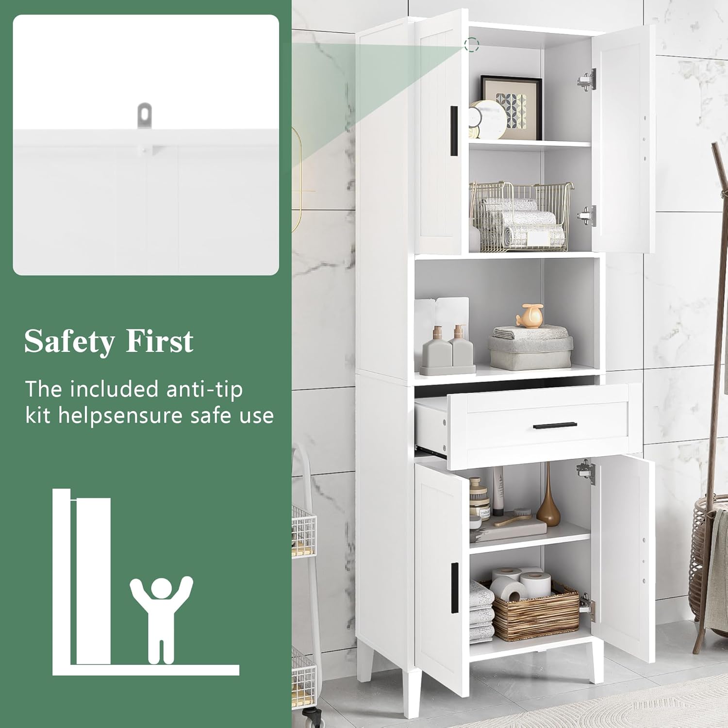 Diagram showing anti-tip hardware installation and a graphic of a child next to a cabinet, emphasizing safety.