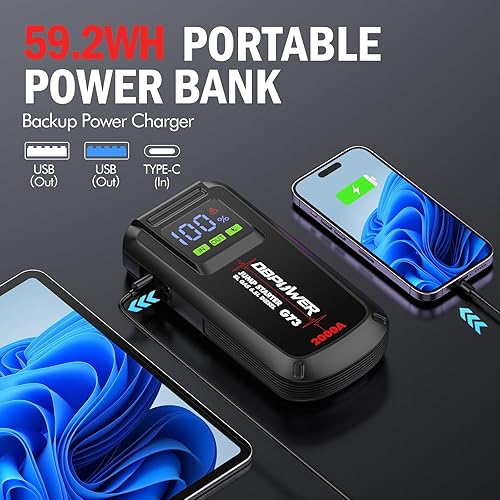 Miniatura 3 de DBPOWER Jump Starter - Arrancador de coche portátil de 2000 A para motores de gasolina de hasta 8.0 L y 6.5 L diésel, paquete de refuerzo de batería
