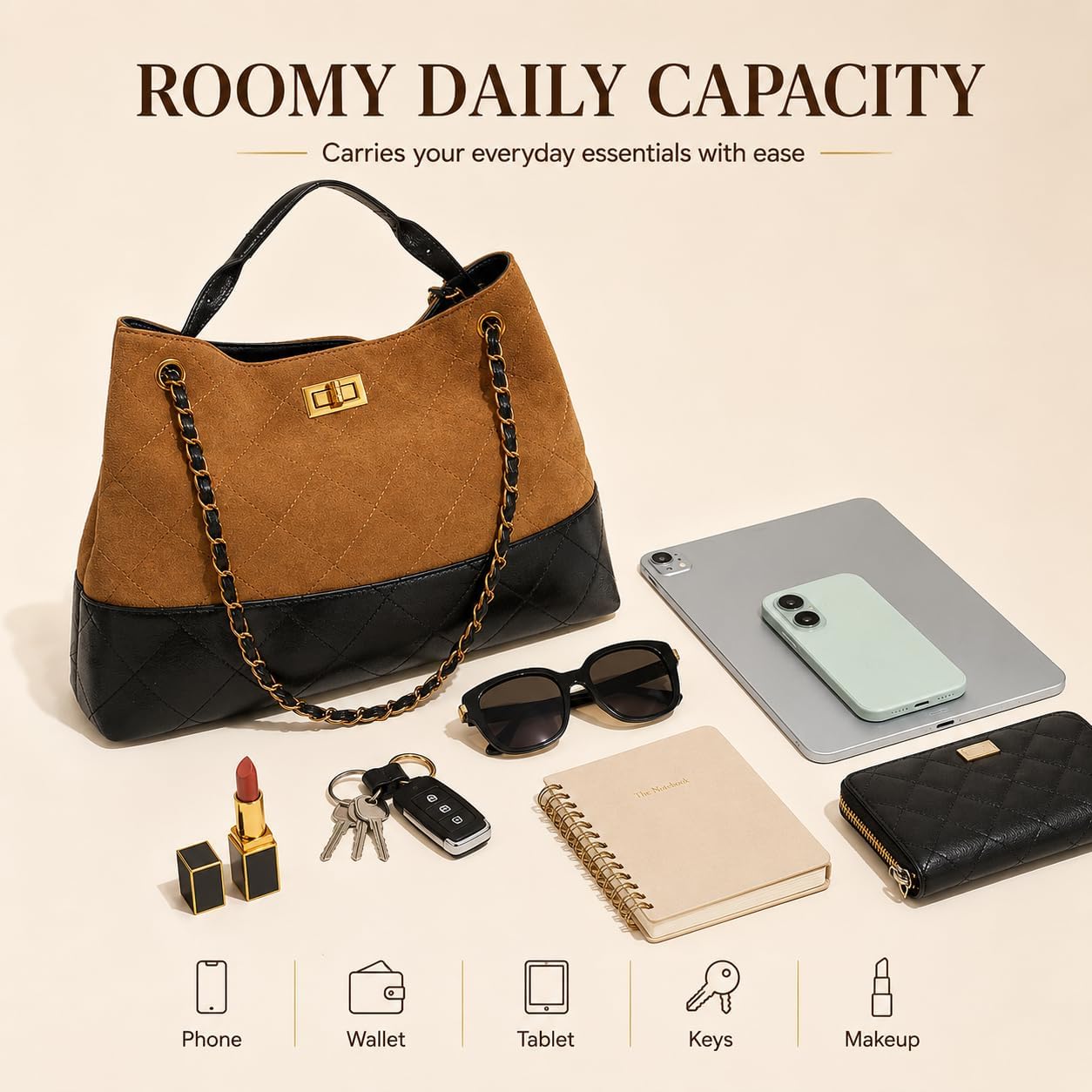 Quilted Two-Tone ToteBag For Women Faux Soft Leather Suede Purse Trendy Vintage Casual Shoulder Handbag With Chain Strap
