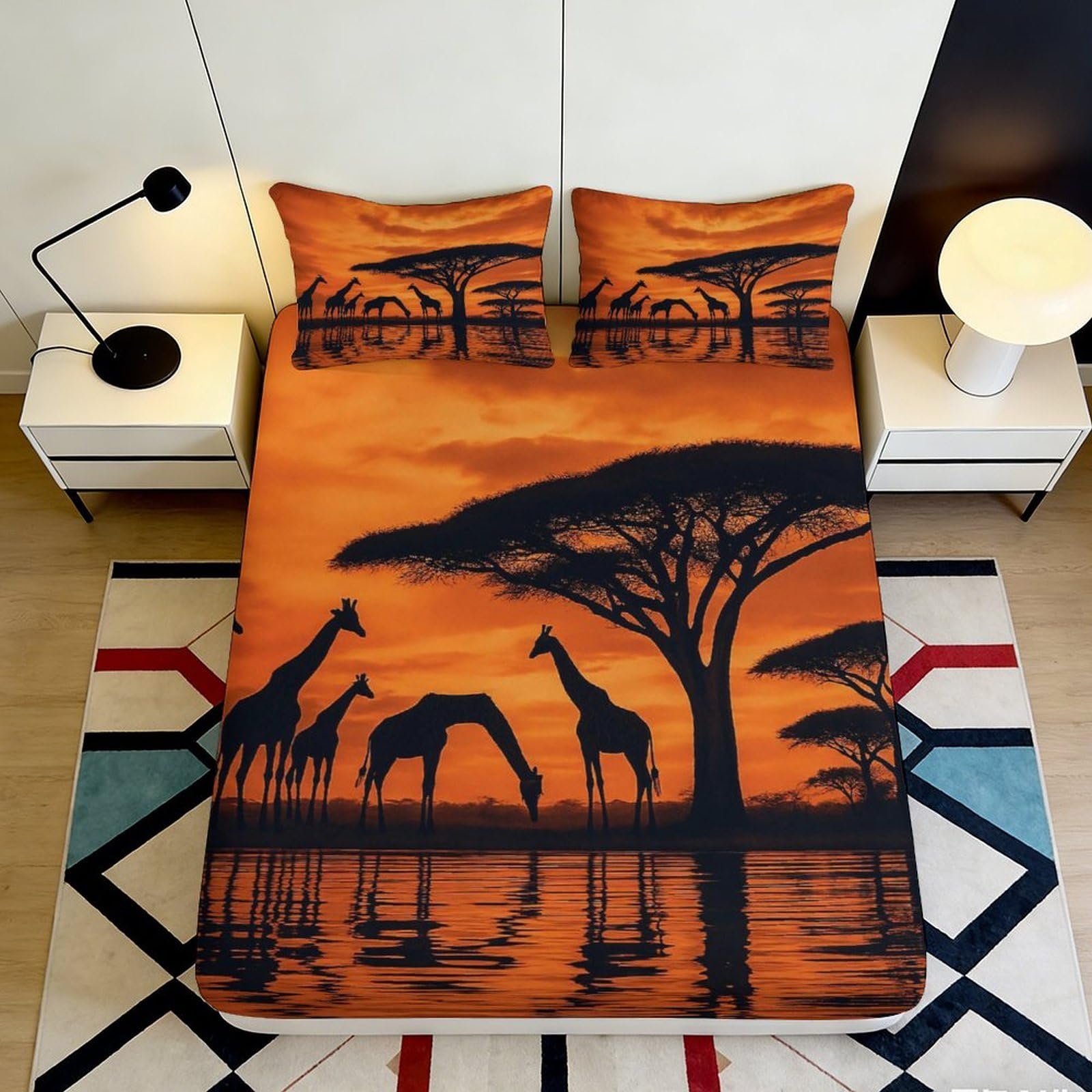 3D Printed African Sunset Giraffe Fitted Sheet Microfiber Soft Breathable Savannah Tree Mattress Cover for Bedroom Dorm Decor 90x200x25cm