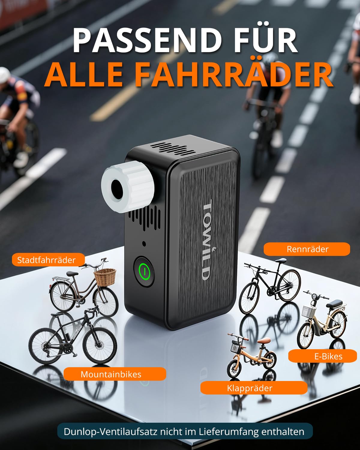 TOWILD A05 Elektrische Fahrradluftpumpe 130 PSI - Mini Luftkompressor mit LED-Licht - Tragbare Fahrradpumpe mit 2×400 mAh Akku, USB-C Aufladung, Presta & Schrader Ventil für E-Bike, MTB, Rennrad